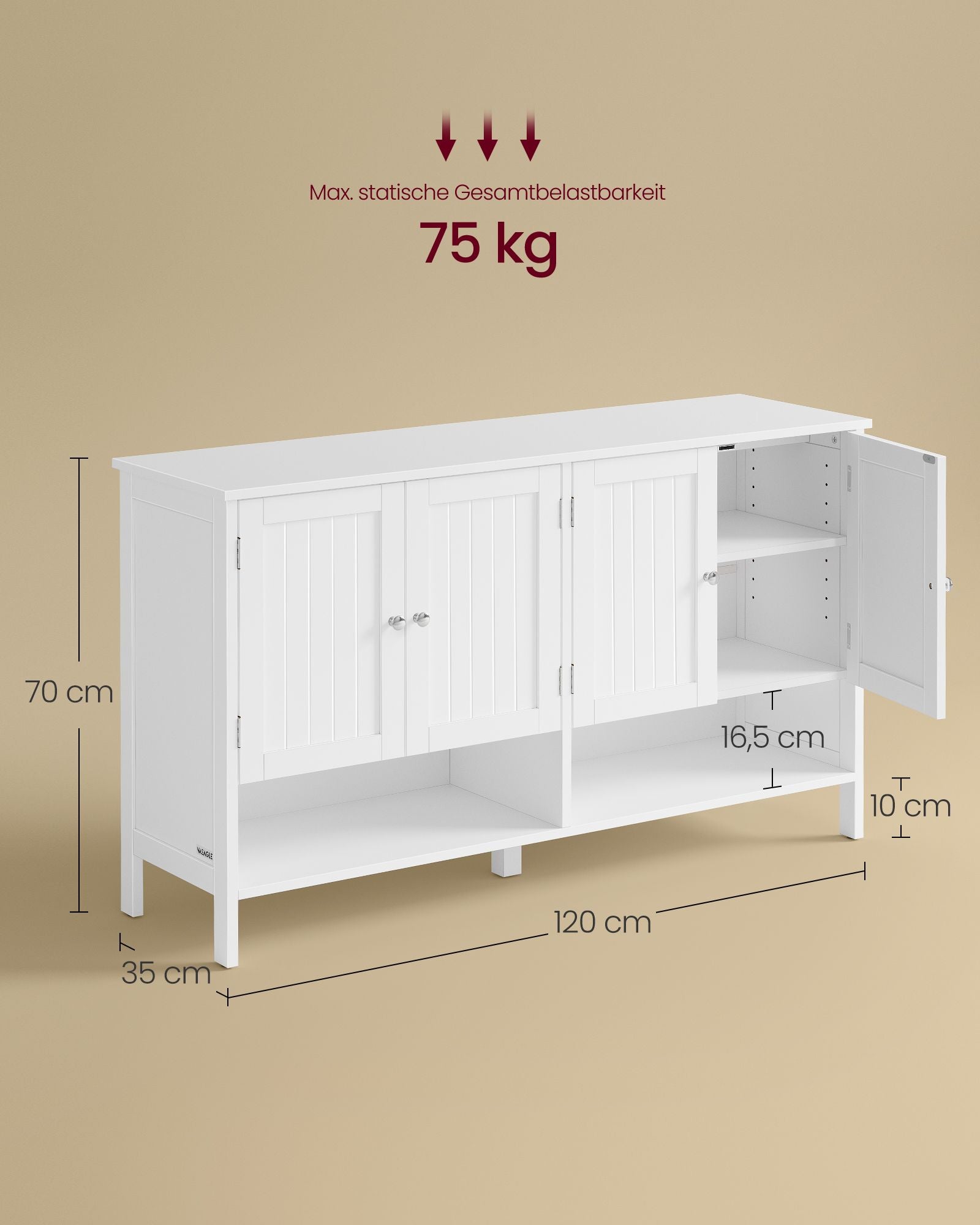 Schoenenkast - 120 cm Breed - Landelijke Stijl - Verstelbare Planken - Wolkenwit