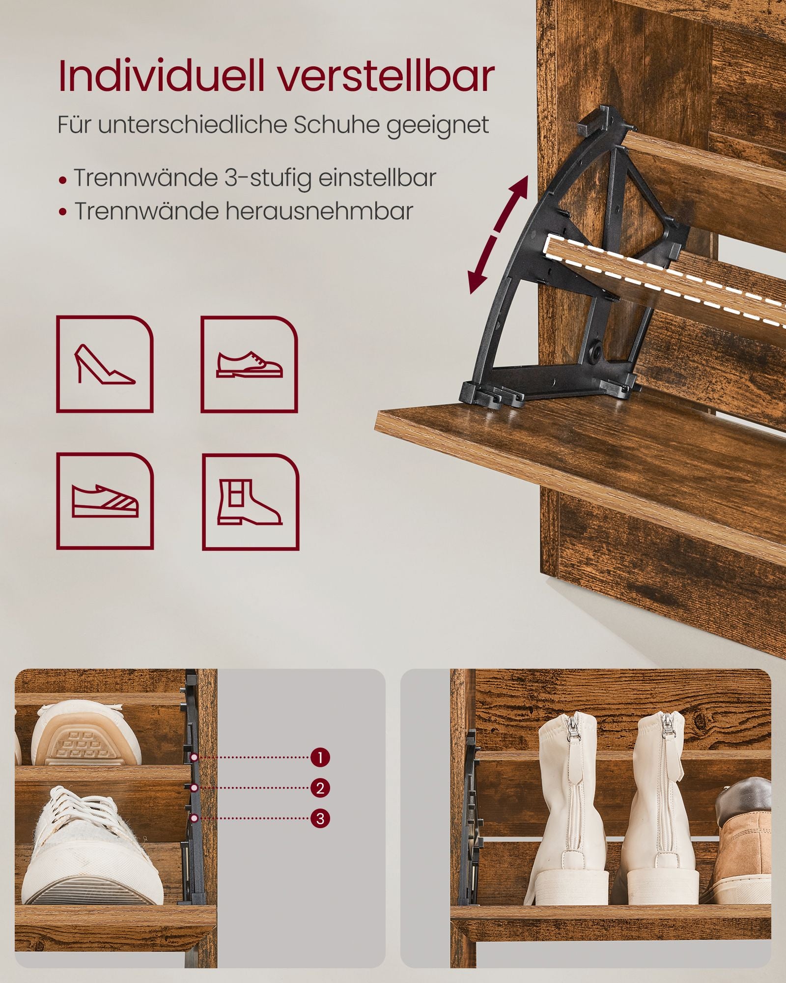 Skoskåp – med 2 klaffar och öppet fack – vintagebrun