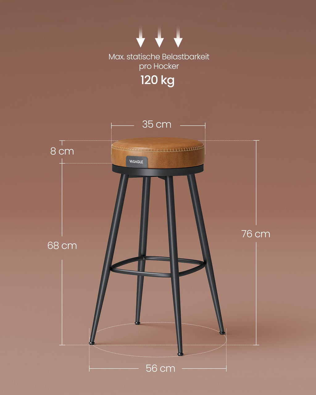 Barstolsuppsättning av 2 76 cm hög karamellbrun