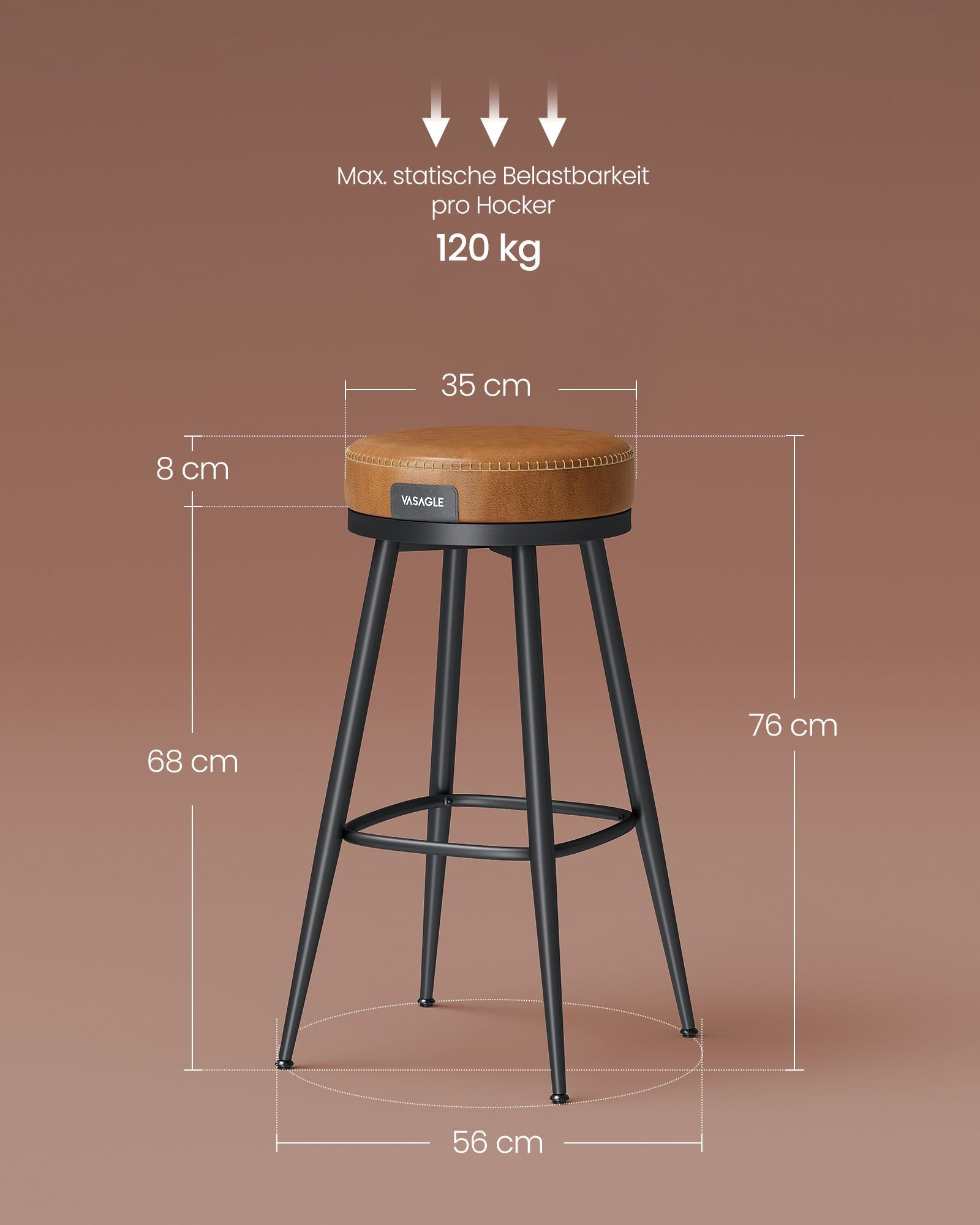 Barstolsuppsättning av 2 76 cm hög karamellbrun