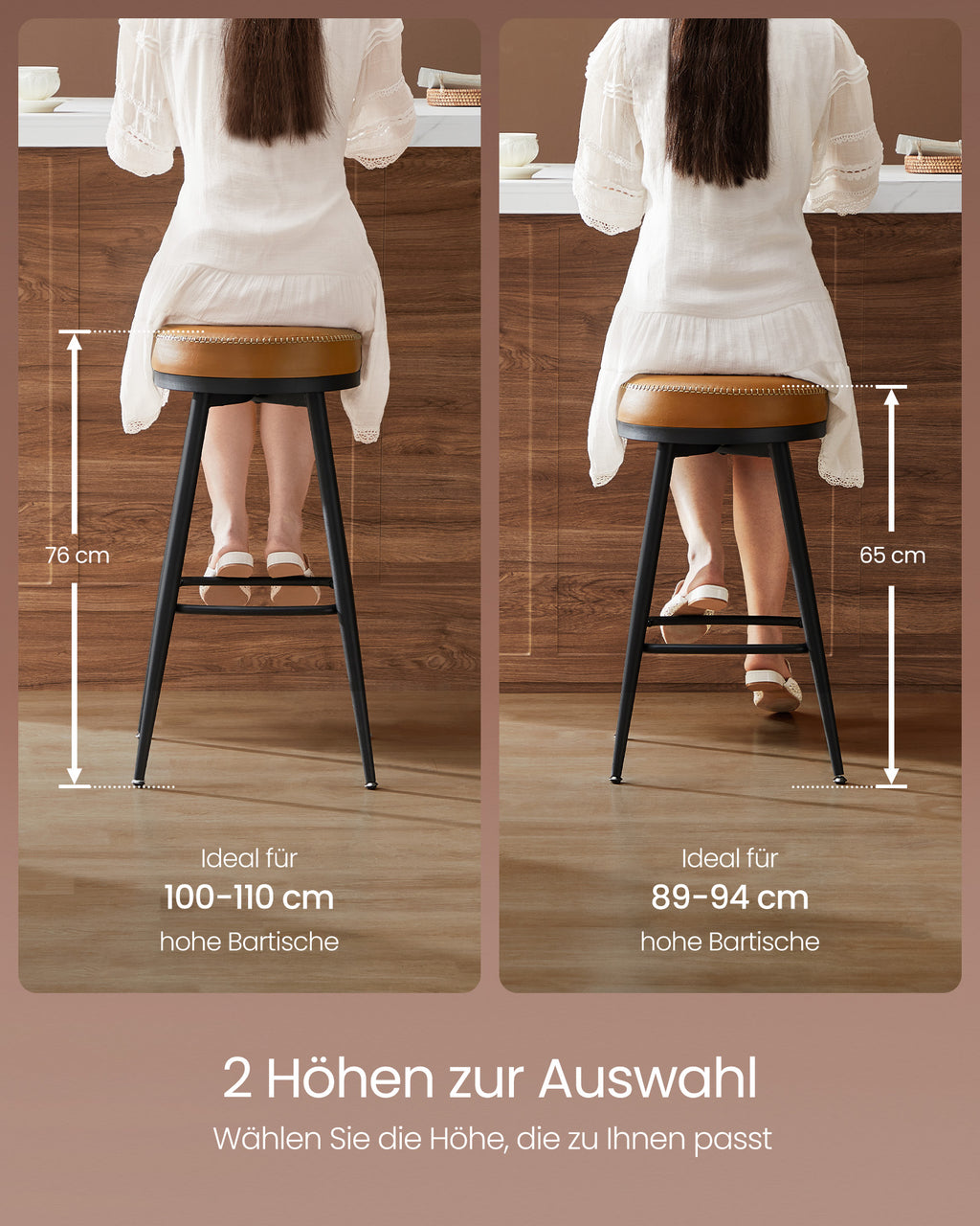 Barstolsuppsättning av 2 76 cm hög karamellbrun