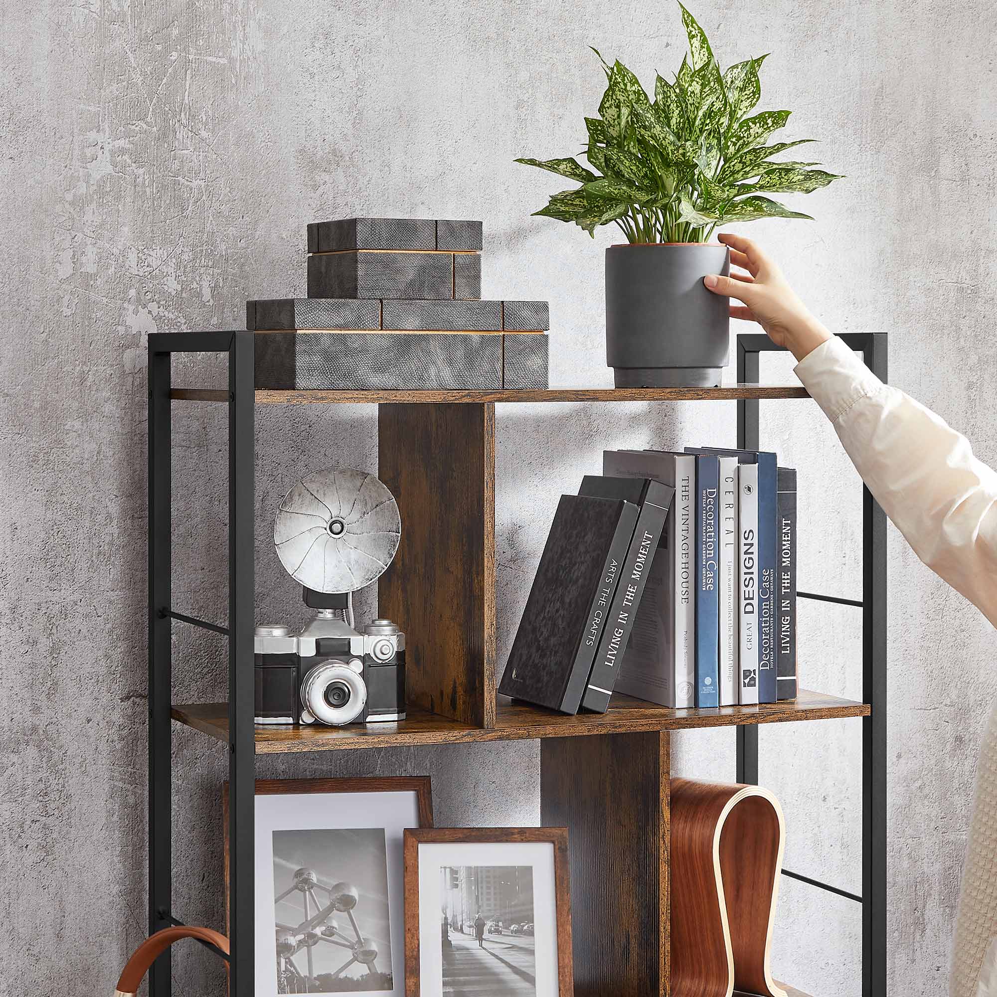 Bokhylla - Kontorsskåp - Öppna fack - med 5 nivåer - Metal Frame - Brown Black
