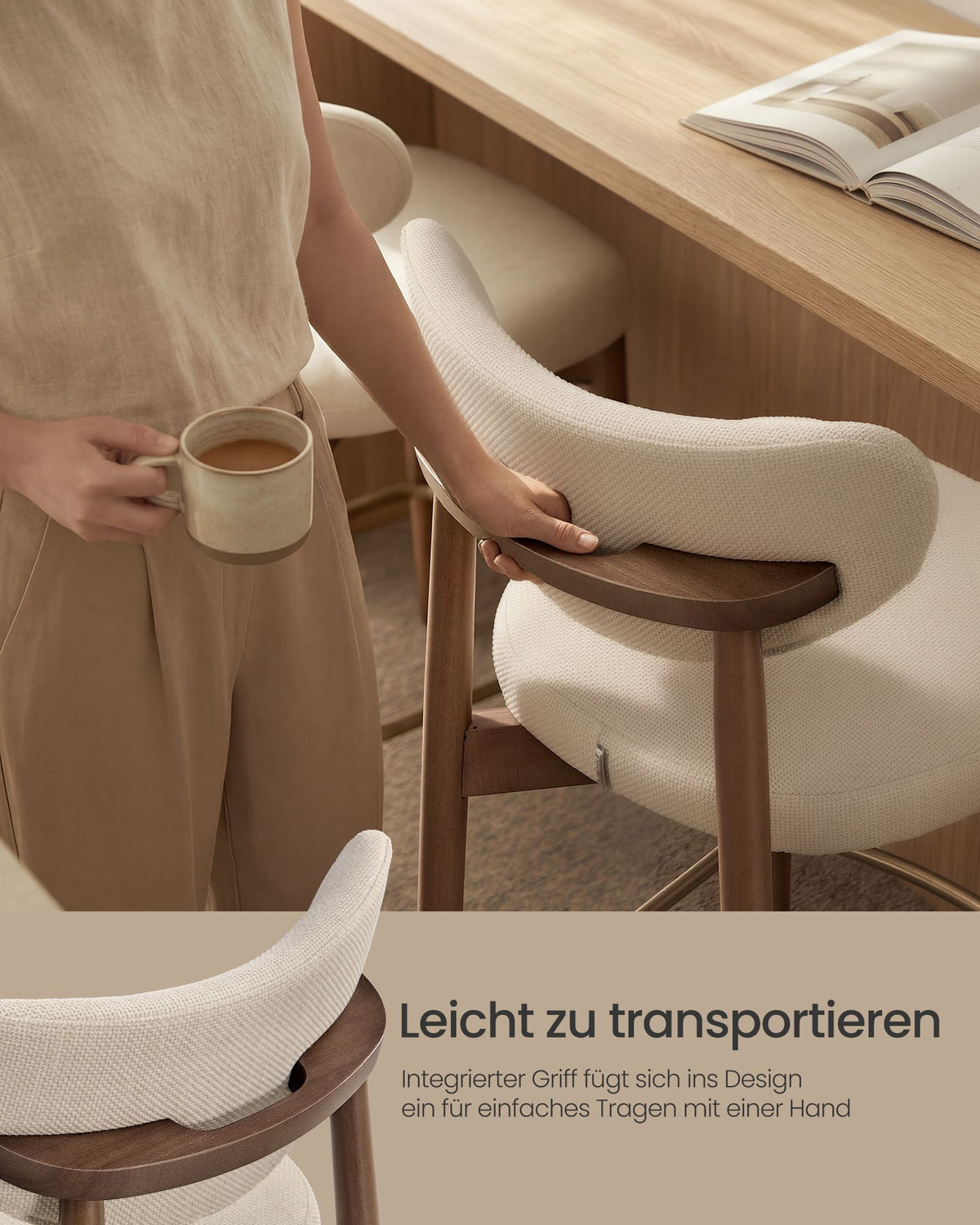 Barkruk - 2-Delige Set met Rugleuning en Houten Poten - Lichtbeige - 50 x 51,5 x 95,5 cm