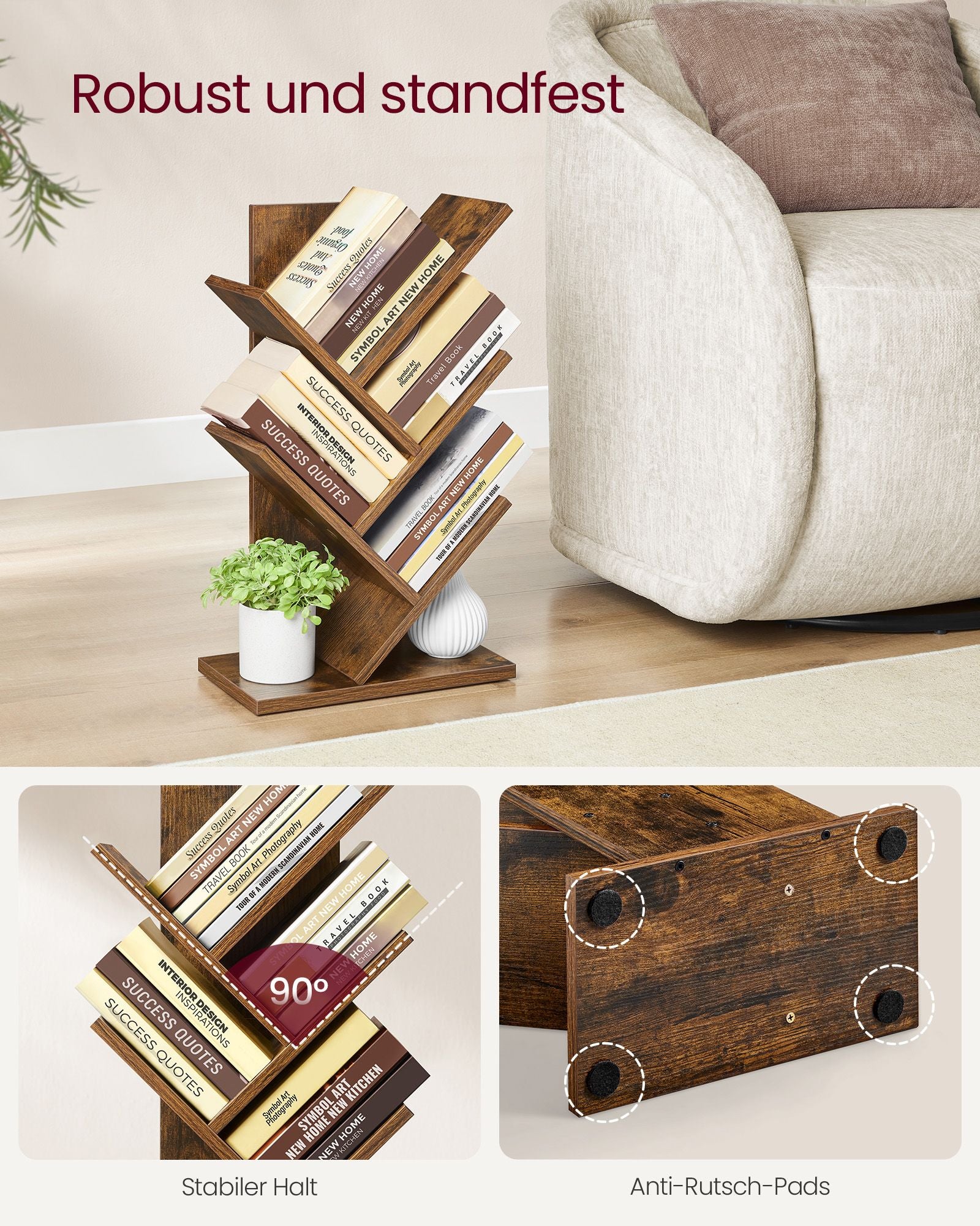 Bokhylla - Trädform - Space -Saving - Vintage Brown