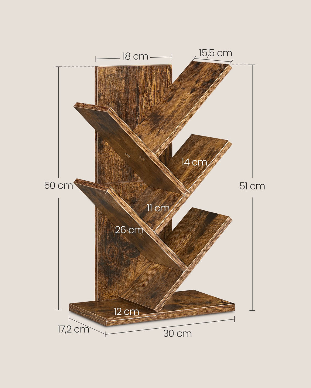 Bokhylla - Trädform - Space -Saving - Vintage Brown