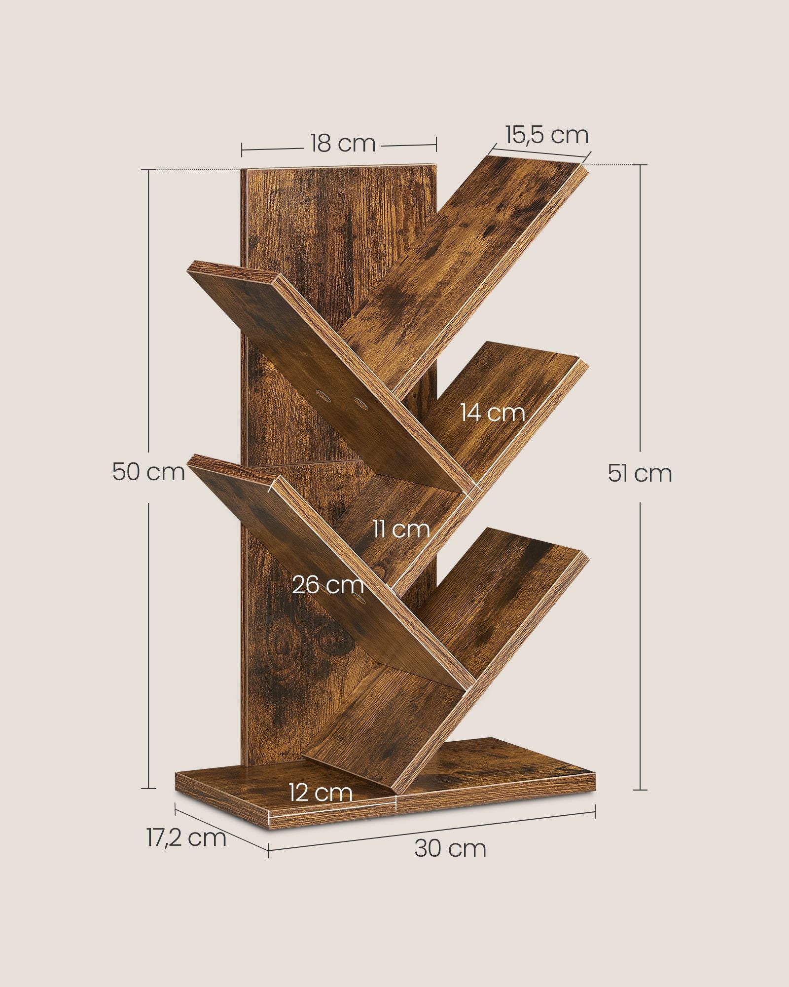 Bokhylla - Trädform - Space -Saving - Vintage Brown