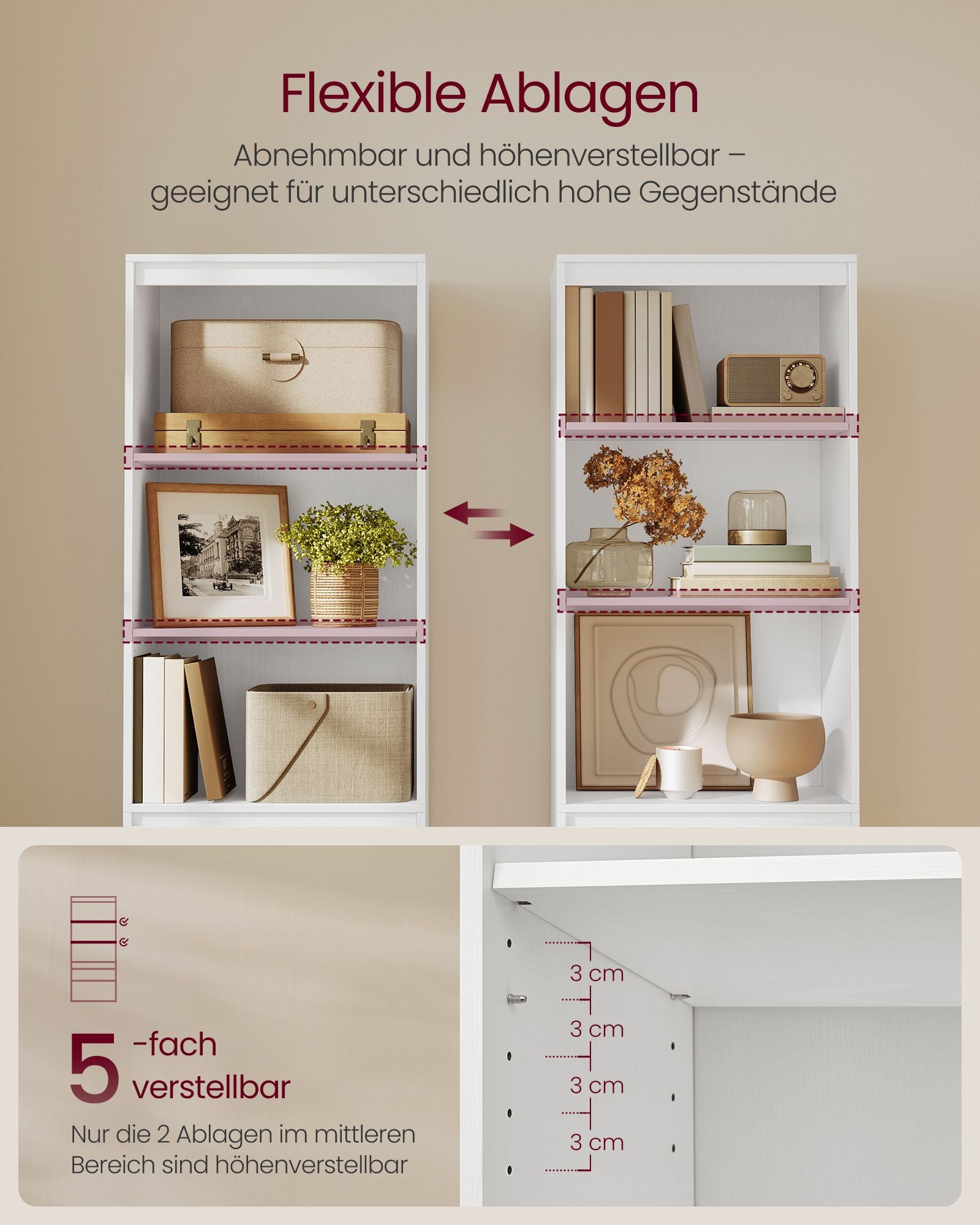 Bokhylla med 3 lådor med olika dimensioner snövit
