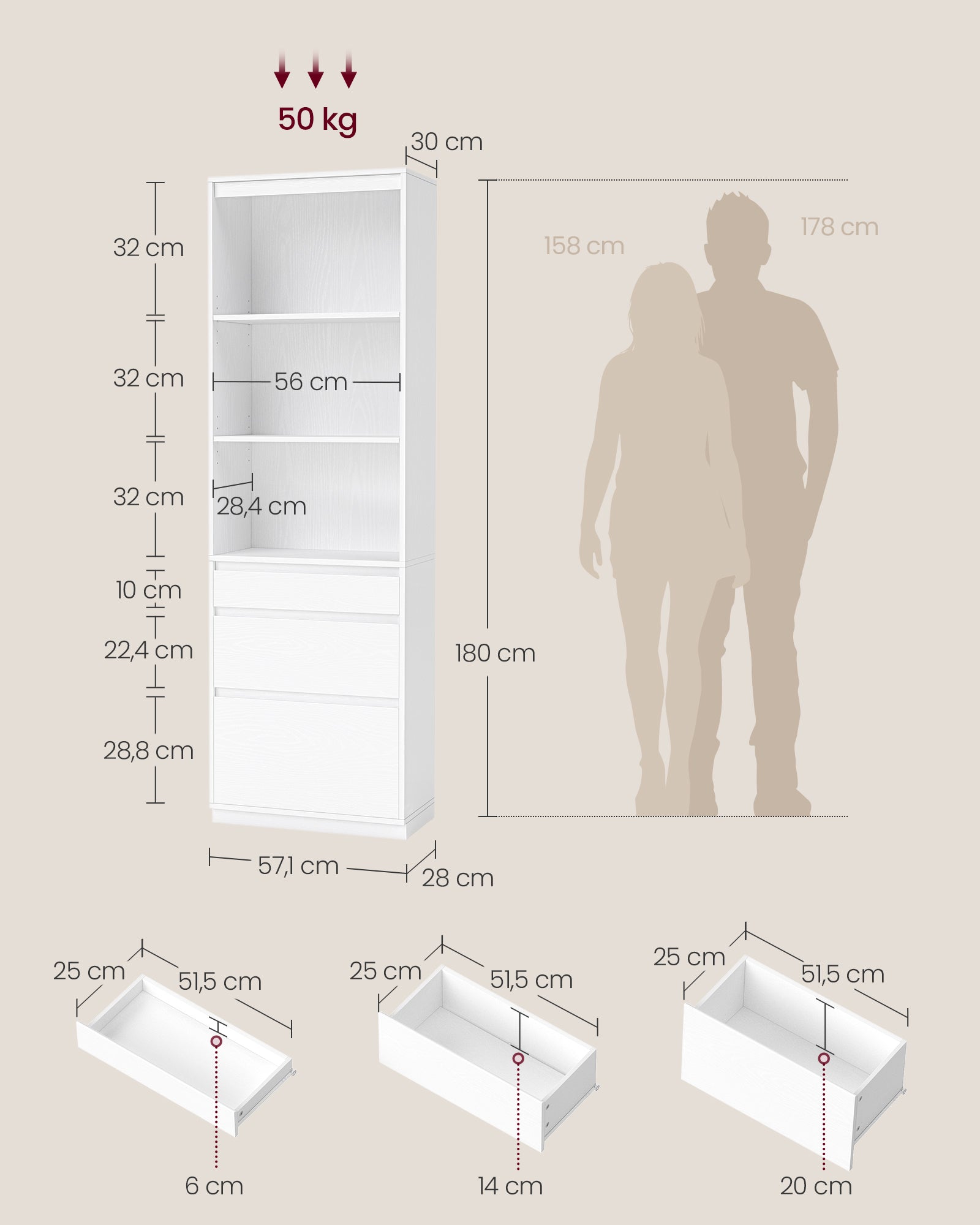 Bokhylla med 3 lådor – Snövit – 30 x 57,1 x 180 cm