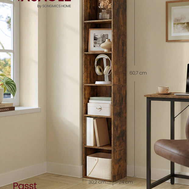 Boekenkast - 6 Planken - Smal - Verstelbare Planken - Vintage Bruin