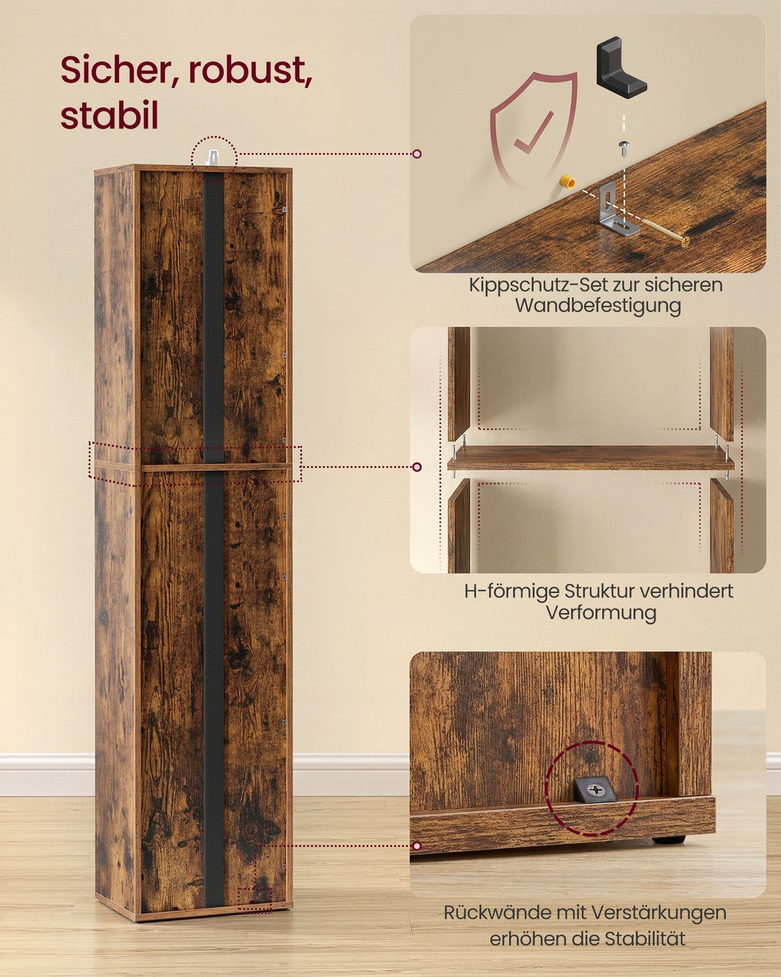 Boekenkast - 6 Planken - Smal - Verstelbare Planken - Vintage Bruin