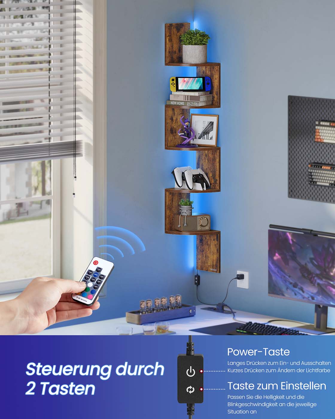 Hörnhylla – LED-belysning – Mångsidig vägghylla – Vardagsrum eller sovrum