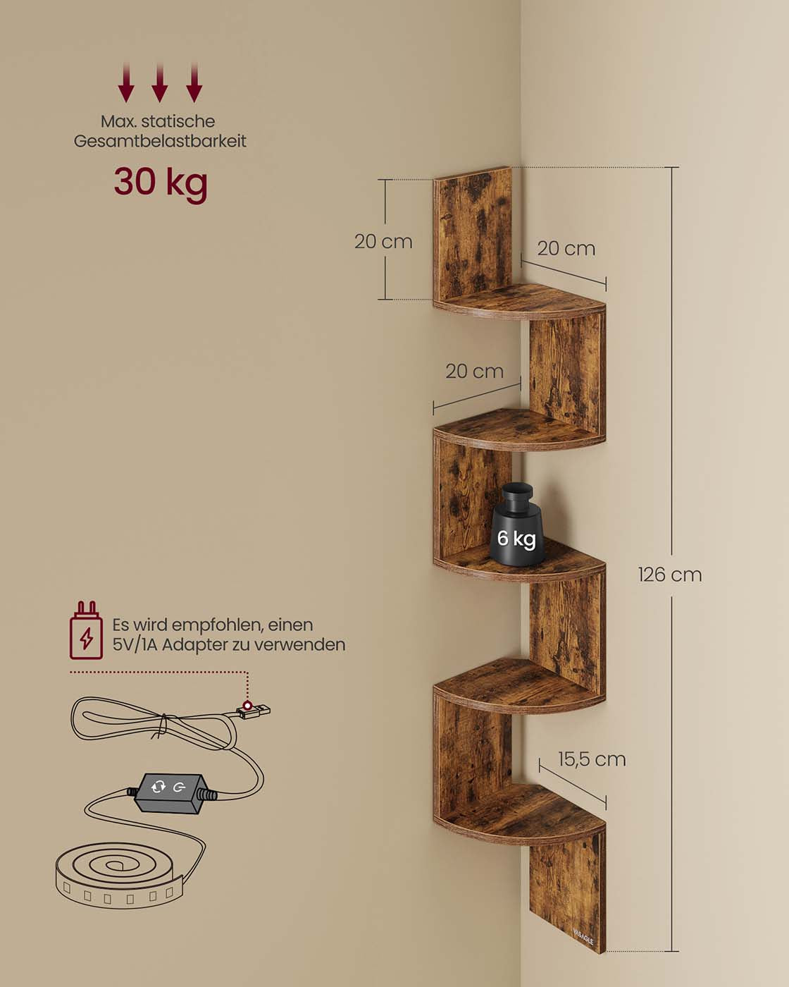 Hörnhylla – LED-belysning – Mångsidig vägghylla – Vardagsrum eller sovrum