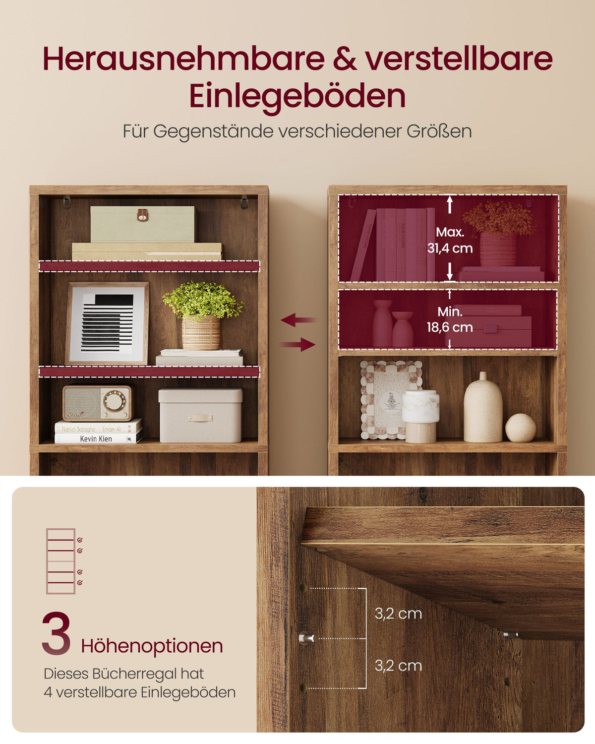 Boekenkast – 6 Niveaus – Verstelbare Planken – Hout – 168 cm Hoog – Honingbruin
