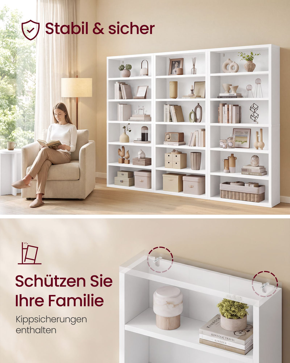 Boekenkast – 6 Planken – Verstelbaar – Met Anti-kantelset – 75 x 24 x 168 cm – Wolkwit