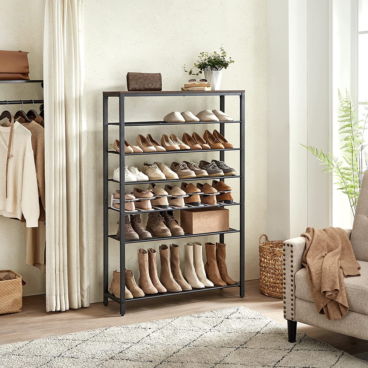 Skoställ – Utrymmesbesparande design – Vintage brun-svart