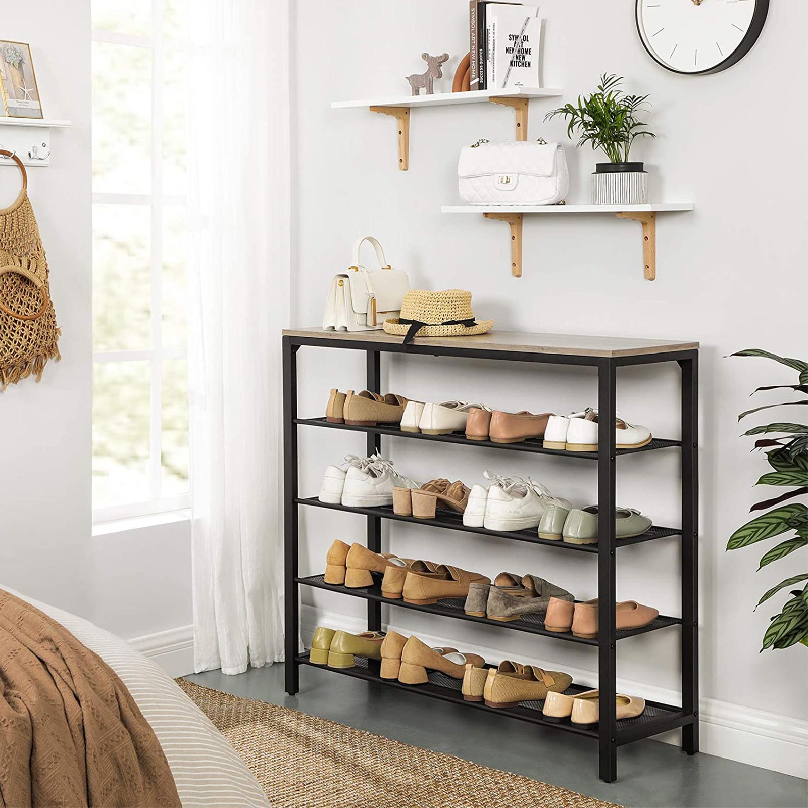 Skoställ – 5 lager – Spånskiva och stål – Gråsvart