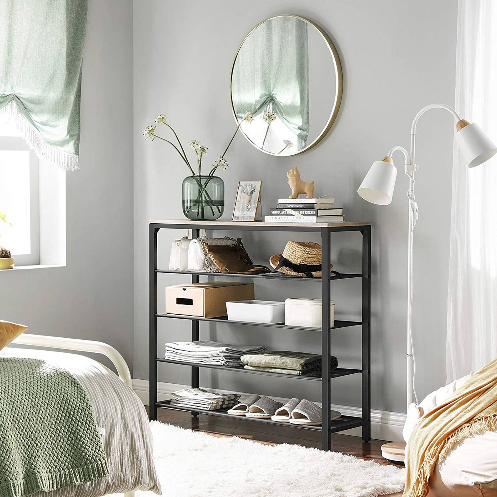 Shoe Rack - med 5 hyllor - galler med träblad - bruna