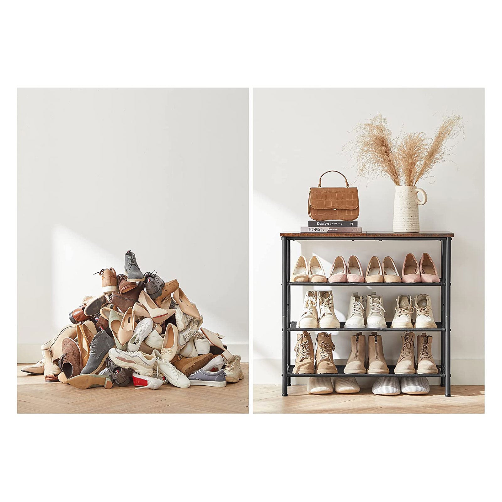 Shoe Rack - med 3 hyllor - skoskåp - polyestertyg - metallram - brun / svart