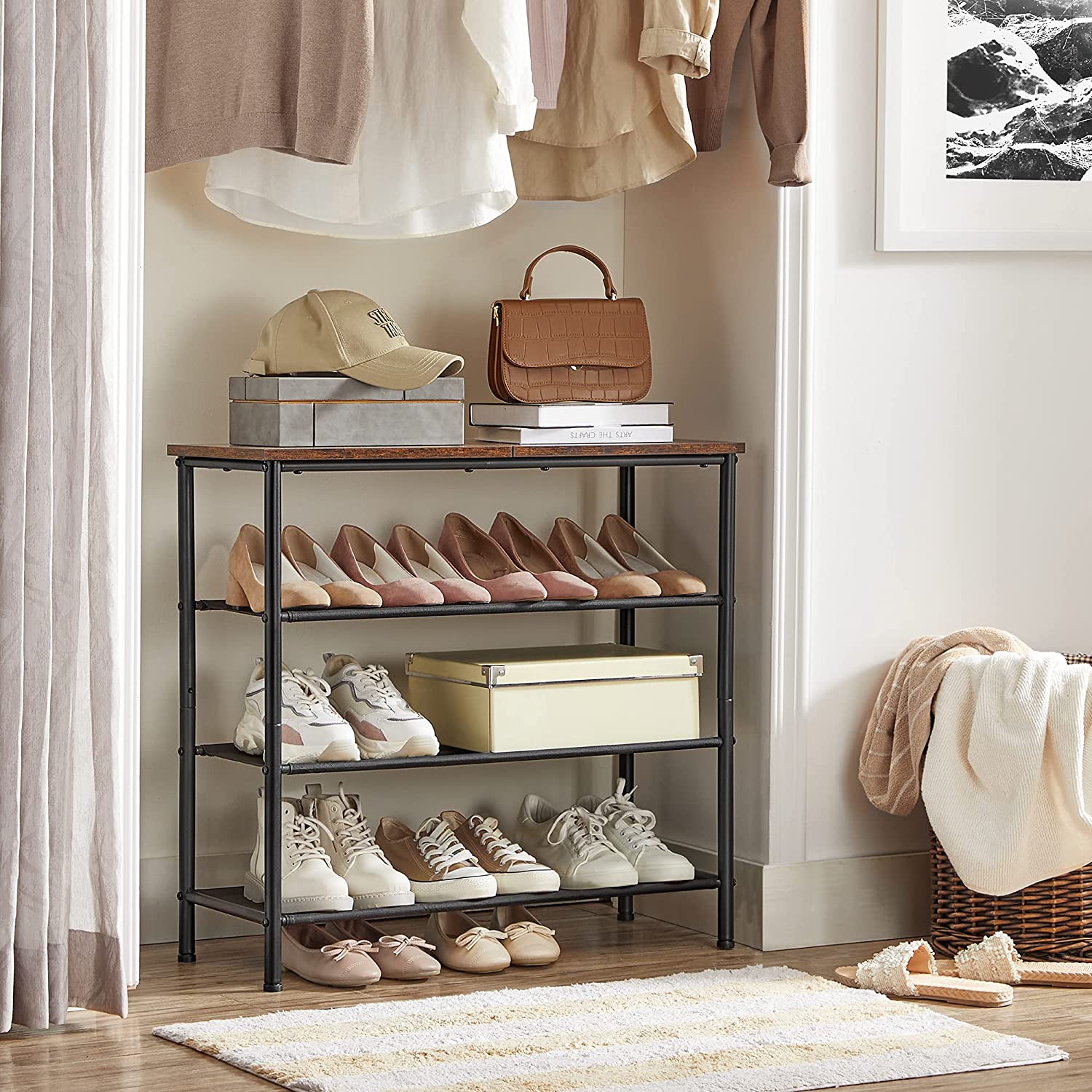 Shoe Rack - med 3 hyllor - skoskåp - polyestertyg - metallram - brun / svart