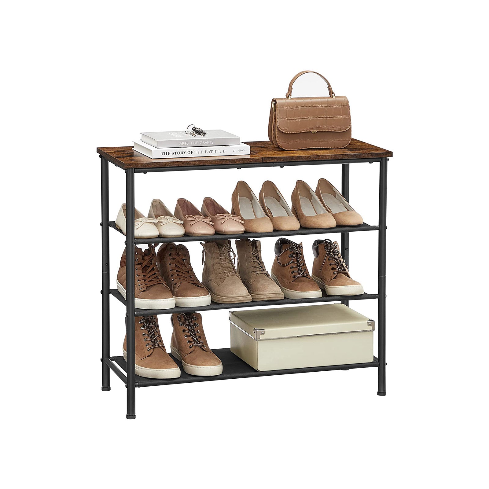 Shoe Rack - med 3 hyllor - skoskåp - polyestertyg - metallram - brun / svart