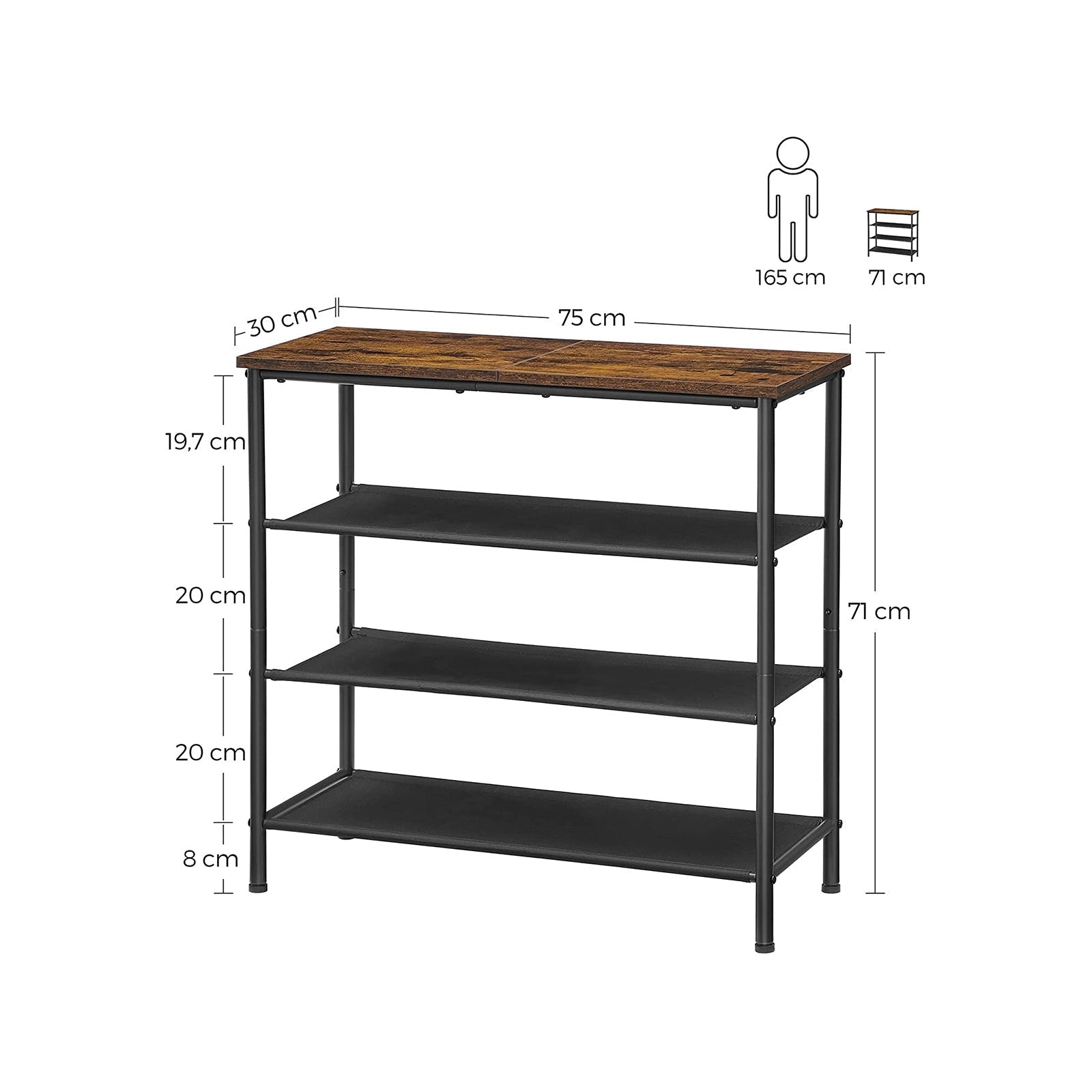 Shoe Rack - med 3 hyllor - skoskåp - polyestertyg - metallram - brun / svart