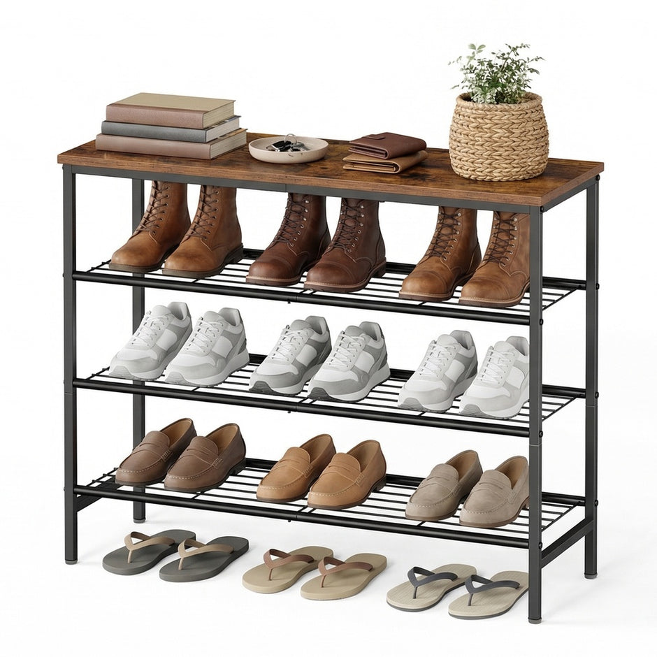 Schoenenbank - 30 x 75 x 69 cm - Metalen frame - 4 lagen - Bruin-zwart - Voor 12-16 paar schoenen - Max. draagkracht bovenpaneel 30 kg - Max. draagkracht per draadplank 11 kg