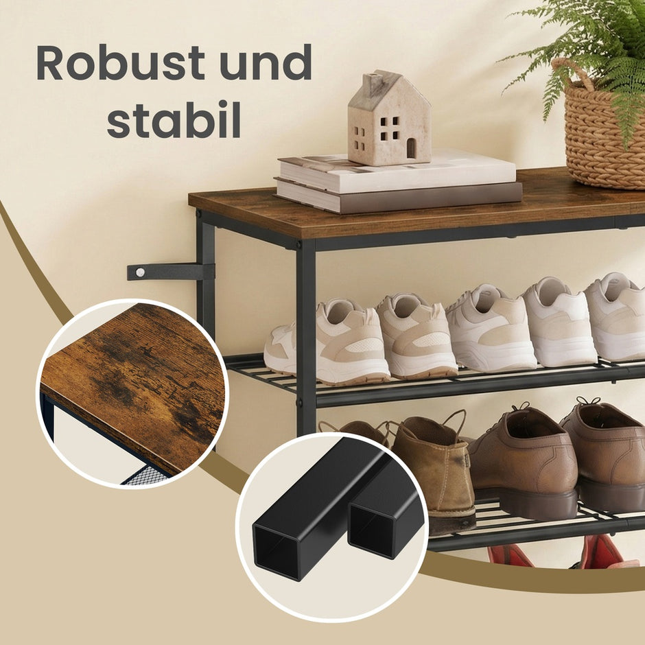 Schoenenbank - 30 x 75 x 69 cm - Metalen frame - 4 lagen - Bruin-zwart - Voor 12-16 paar schoenen - Max. draagkracht bovenpaneel 30 kg - Max. draagkracht per draadplank 11 kg