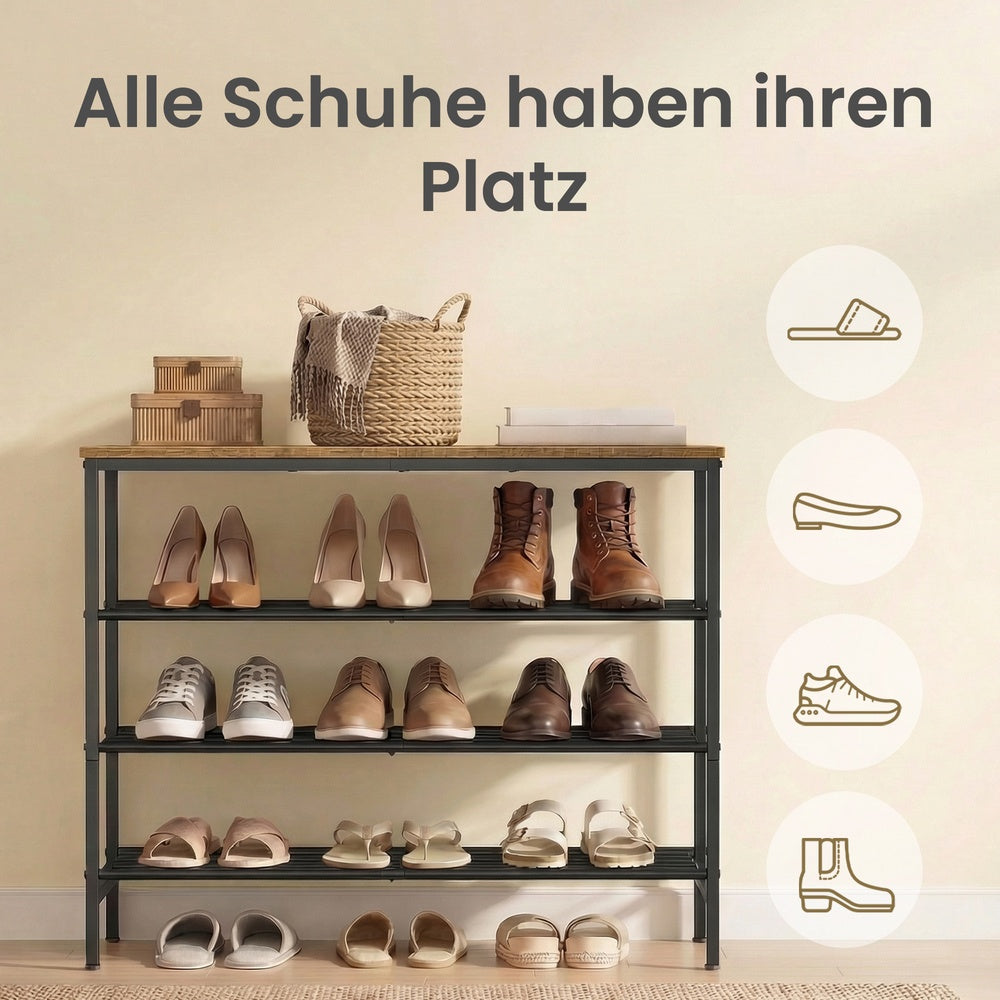 Schoenenbank - 30 x 75 x 69 cm - Metalen frame - 4 lagen - Bruin-zwart - Voor 12-16 paar schoenen - Max. draagkracht bovenpaneel 30 kg - Max. draagkracht per draadplank 11 kg