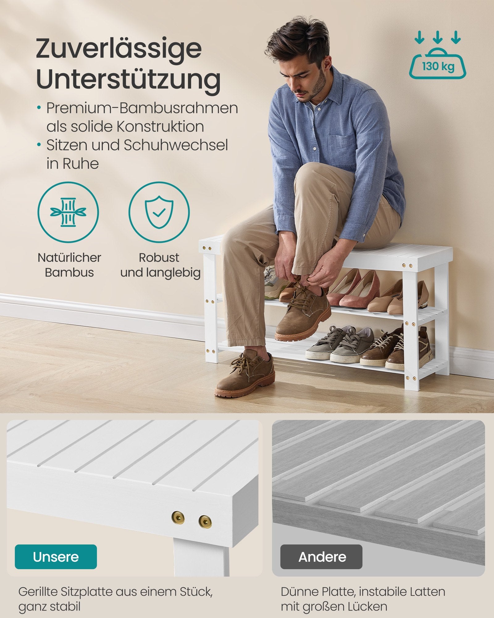 Schoenenbank - Bamboe - 3 Planken - 90 cm - Wolkenwit