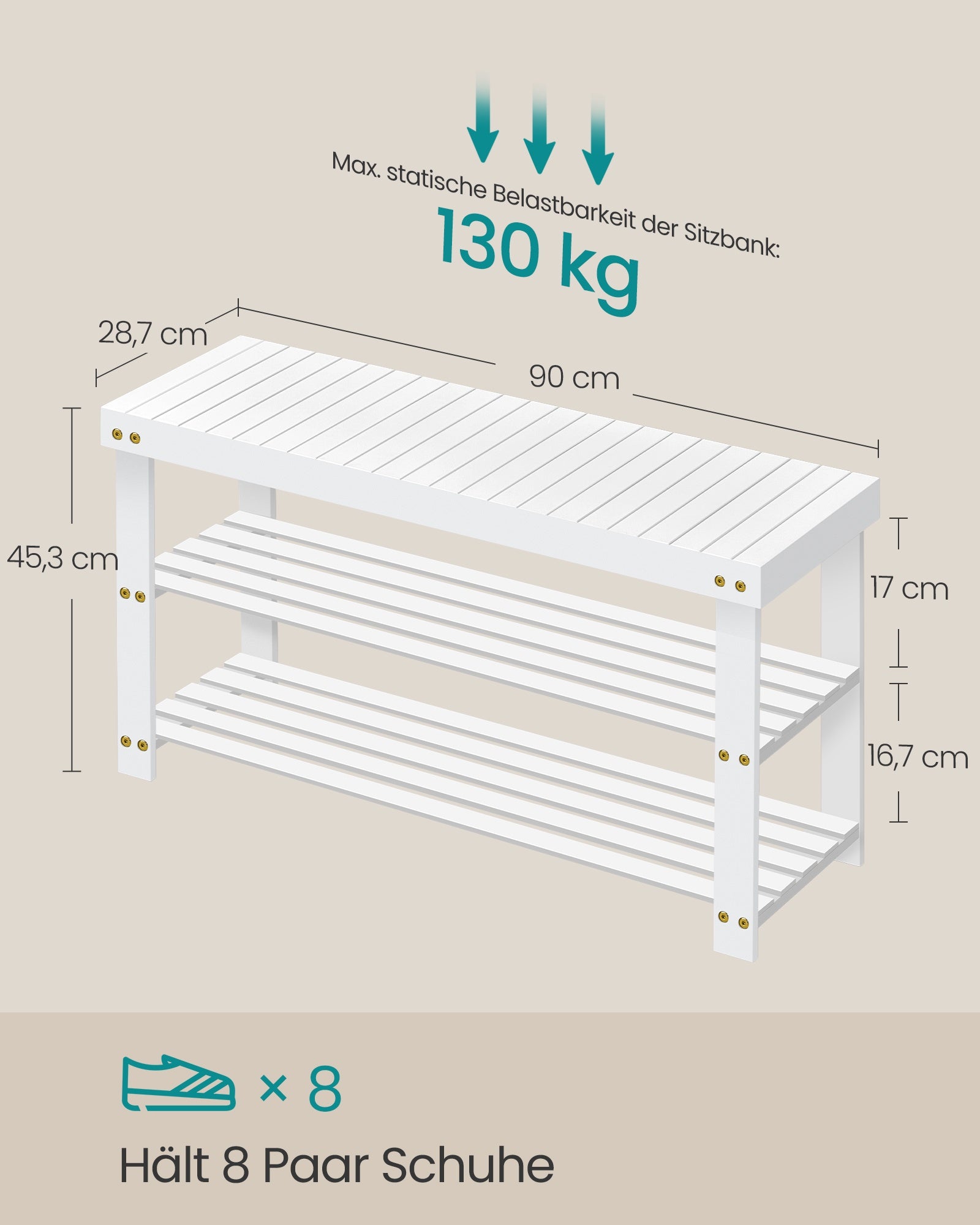 Schoenenbank - Bamboe - 3 Planken - 90 cm - Wolkenwit