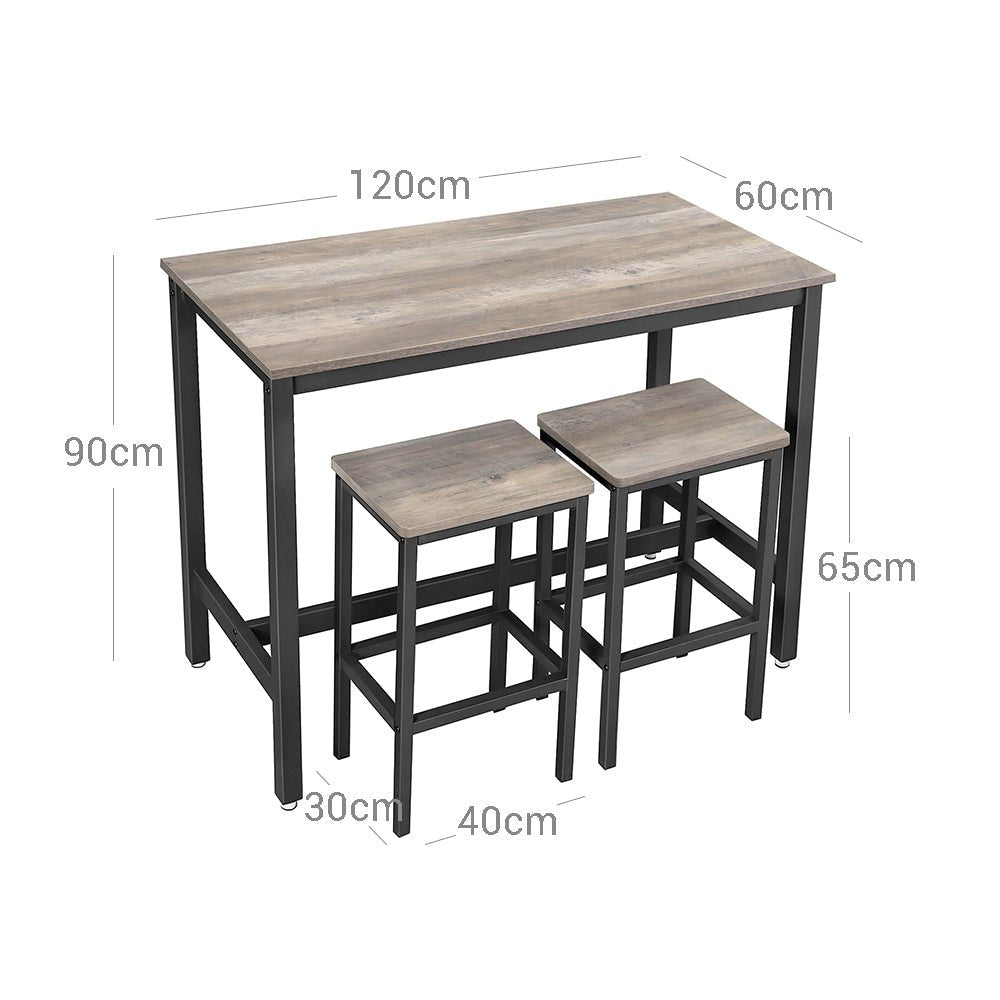 Barbord - högt köksbord med 2 barstolar - metallram - grå/svart