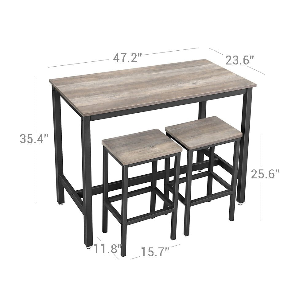 Barbord - högt köksbord med 2 barstolar - metallram - grå/svart