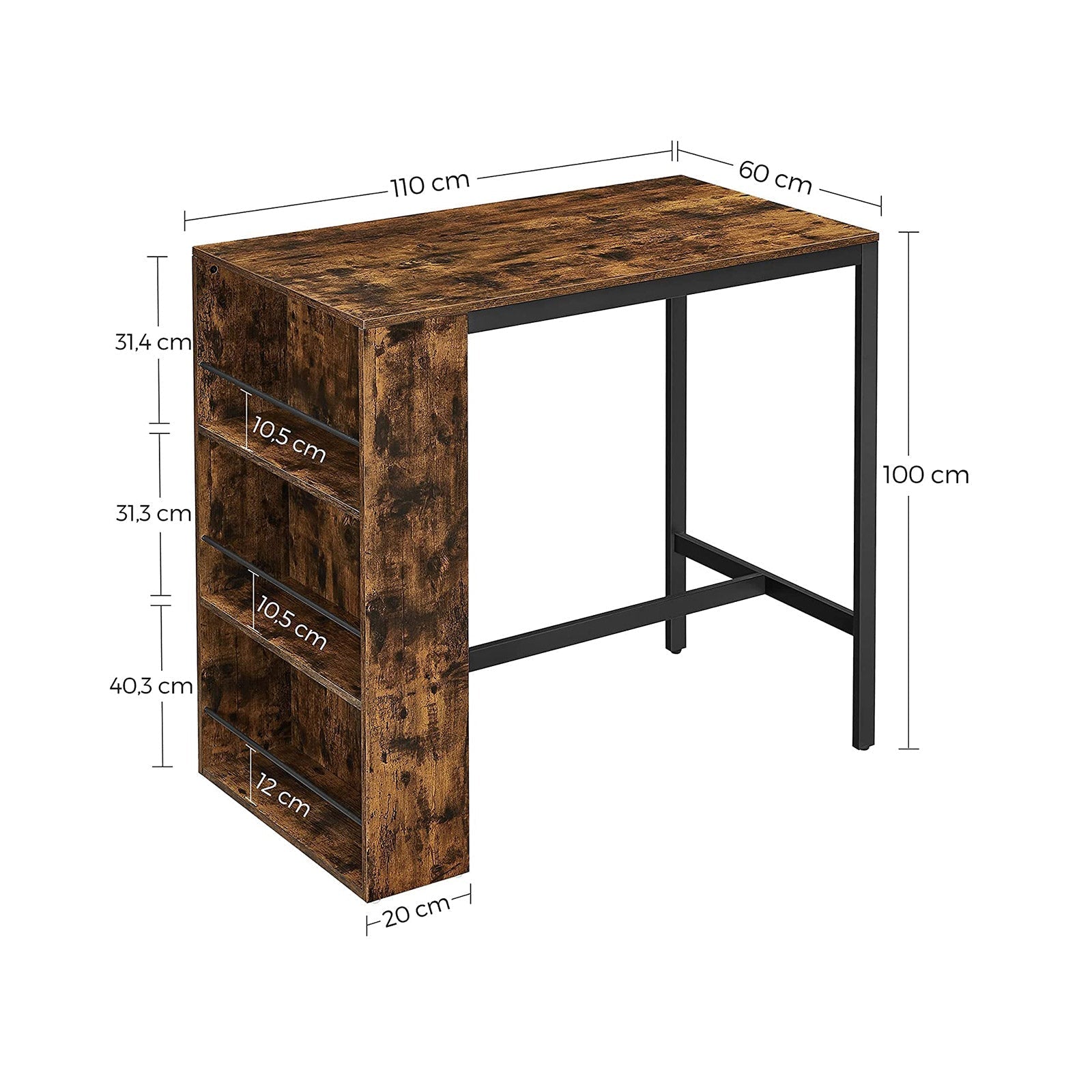Barbord - Köksbord - Matbord - med 3 öppna fack - 110 x 60 x 100 cm - brunt