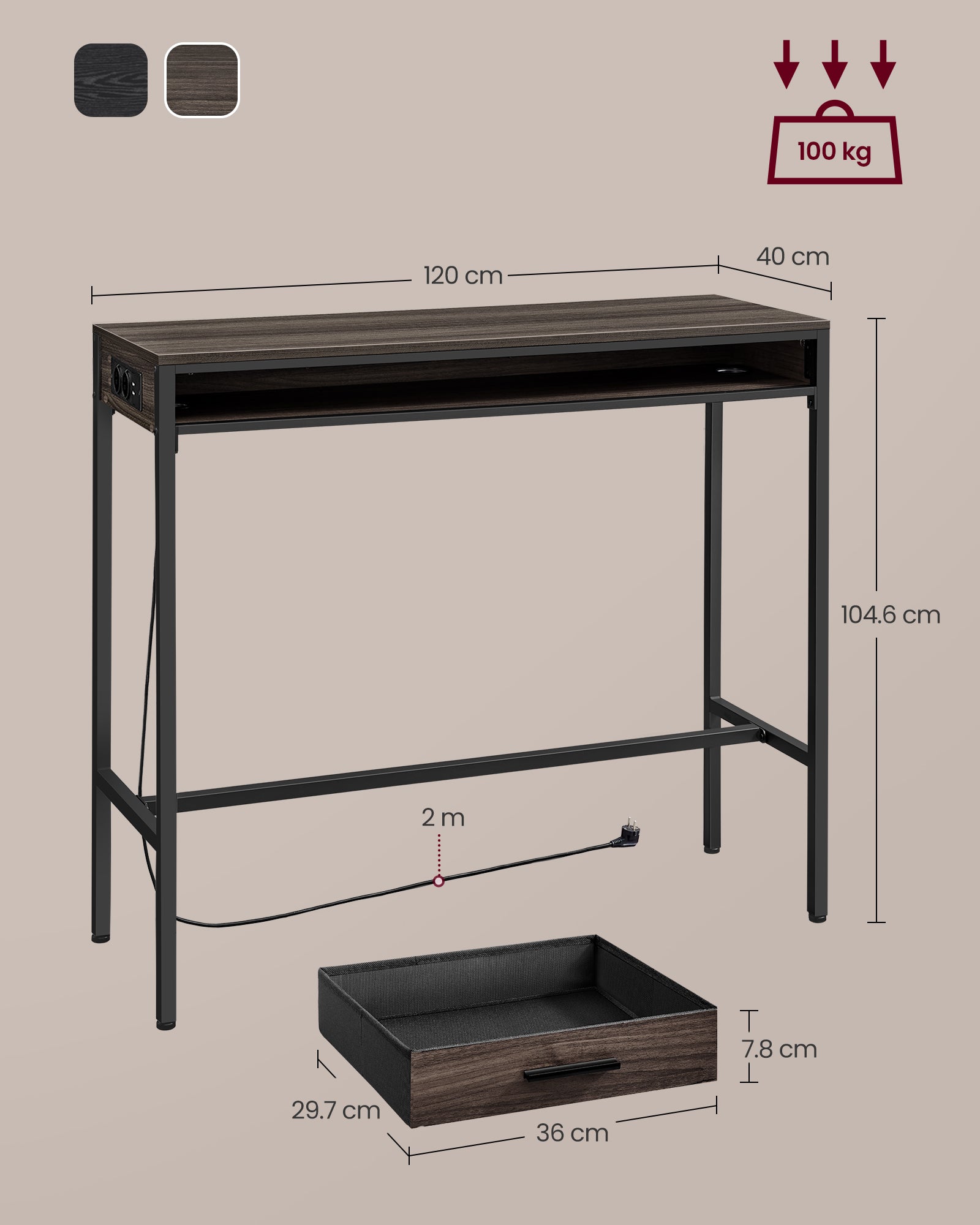 Barbord med lådan 40 x 120 x 104,6 cm aska brun