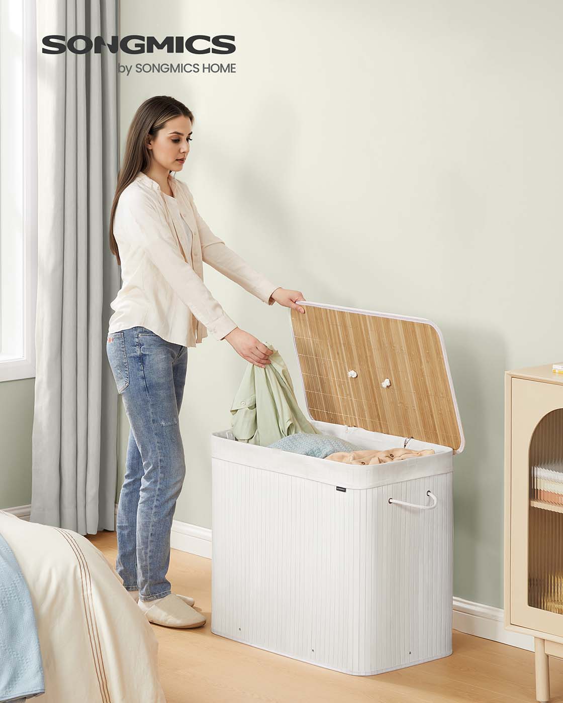 Tvättkorg med 3 fack och avtagbar tvättväska vit