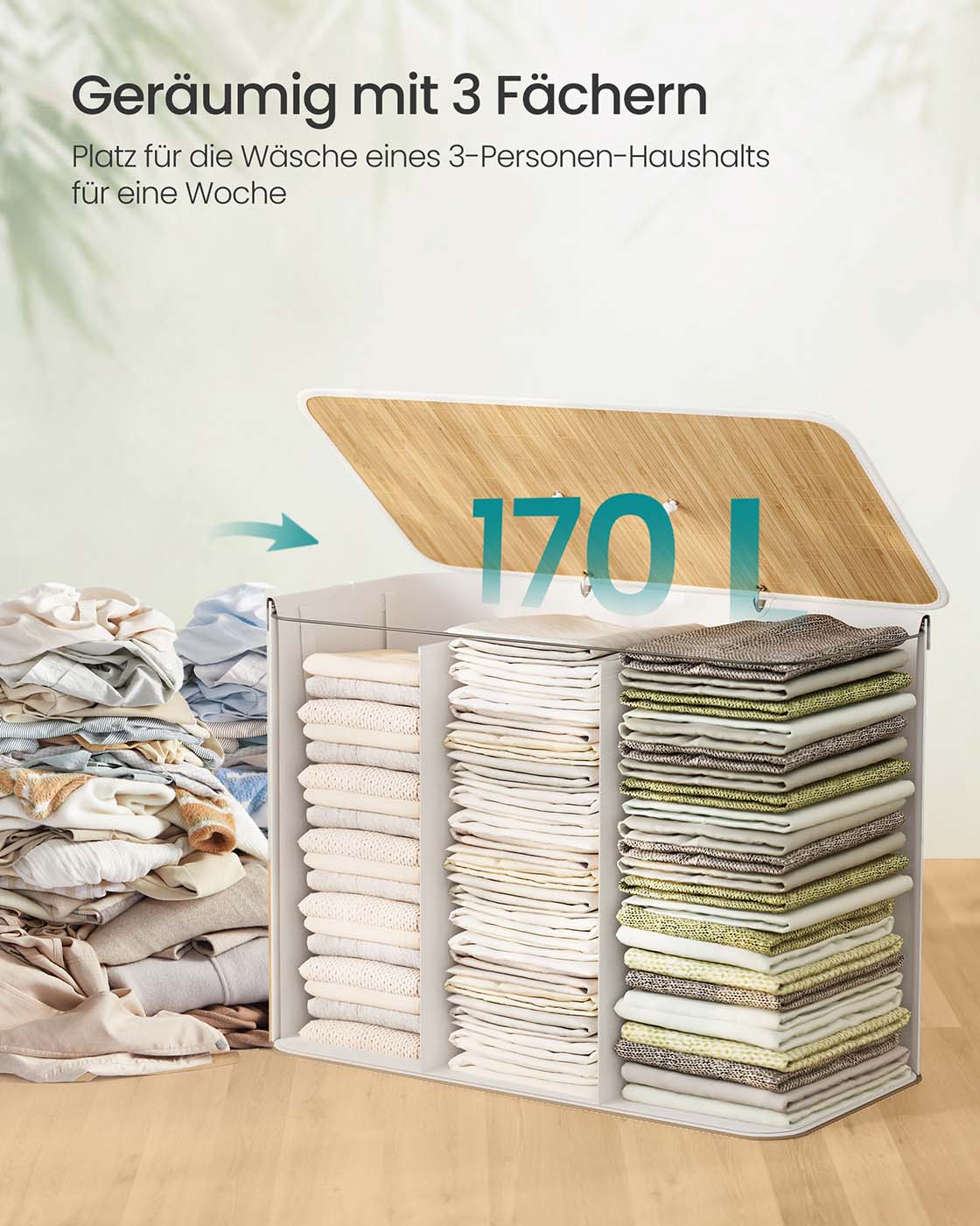 Tvättkorg med 3 fack och avtagbar tvättväska vit