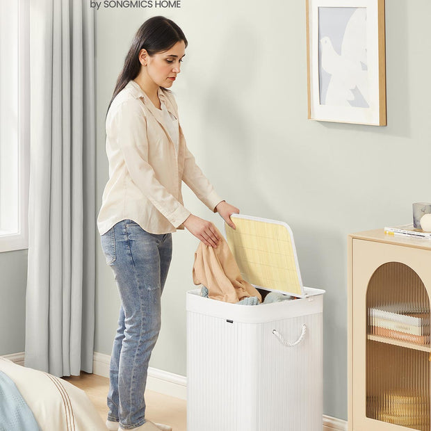 Tvättkorg i bambu med lock och handtag - Vit