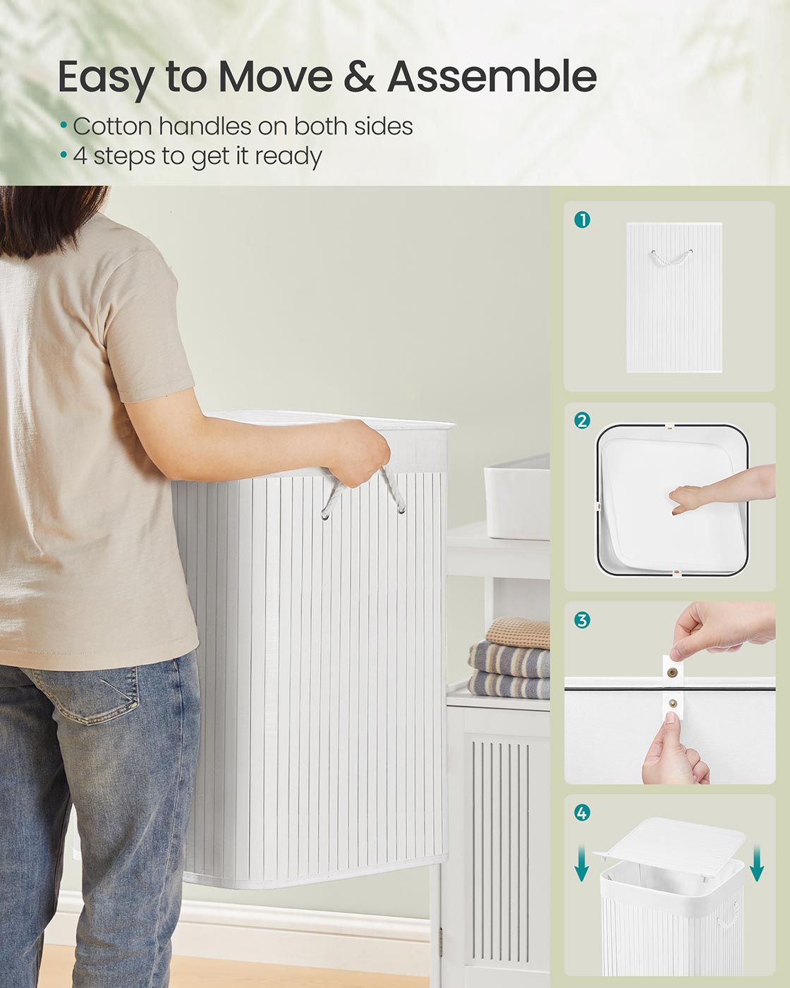 Bambu tvättkorg med lock och handtag vita