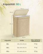 Tvättkorg - 90 liter - bambu - med lock - naturligt