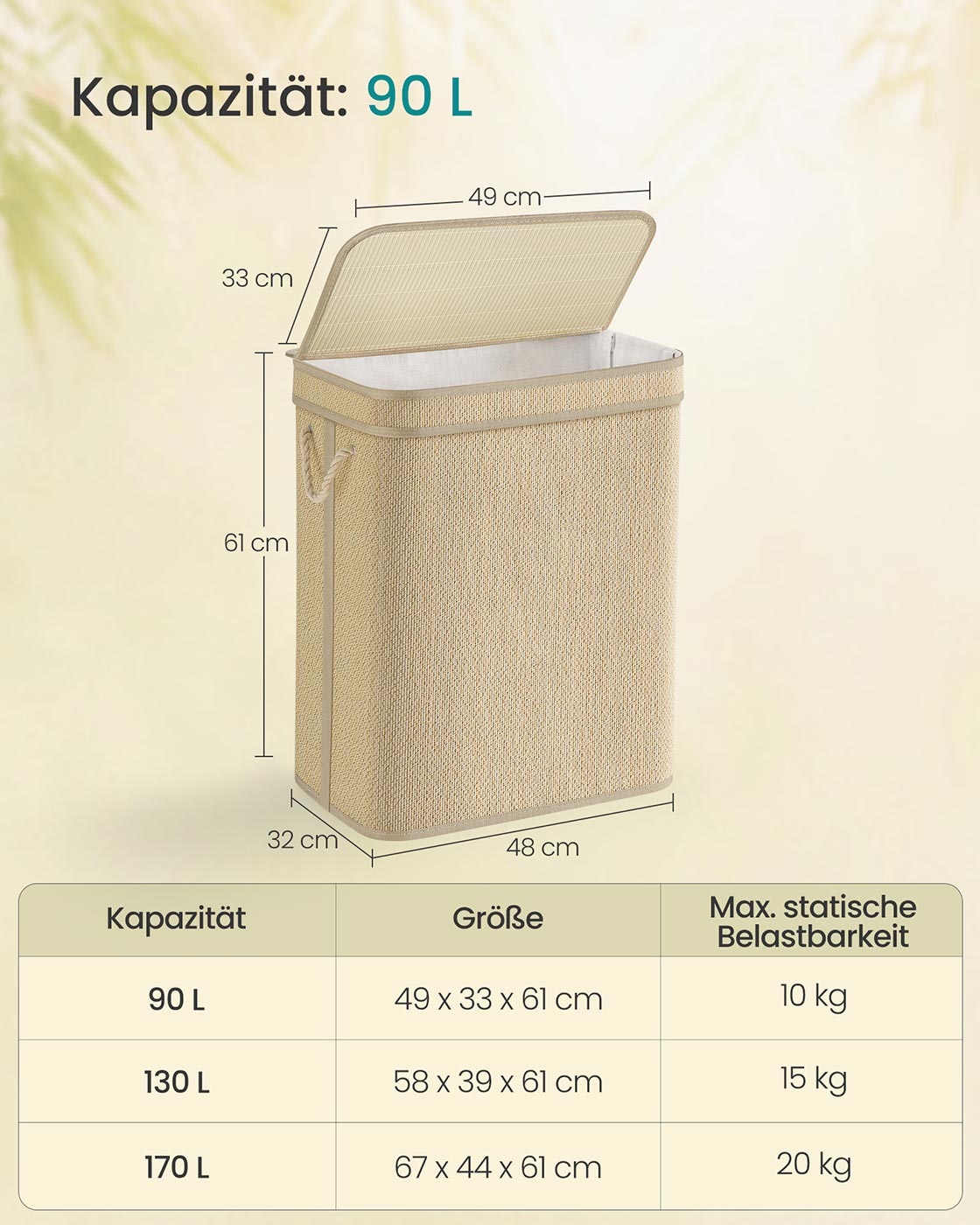 Tvättkorg - 90 liter - bambu - med lock - naturligt
