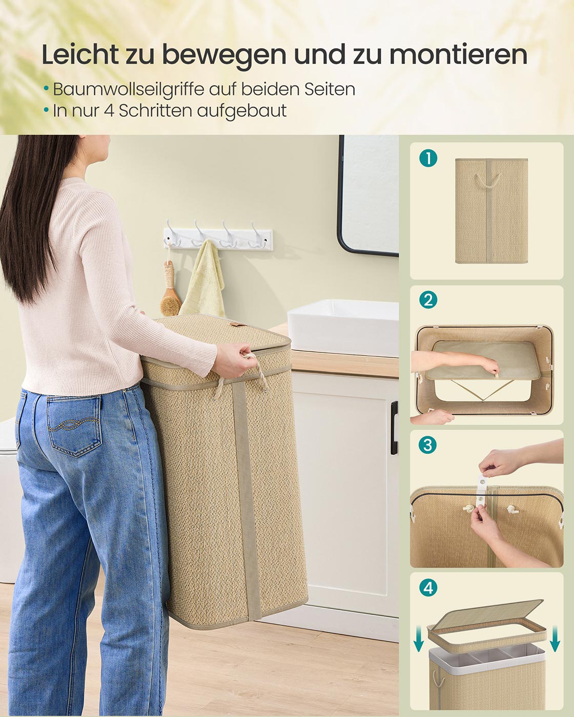 Tvättkorg - 90 liter - bambu - med lock - naturligt