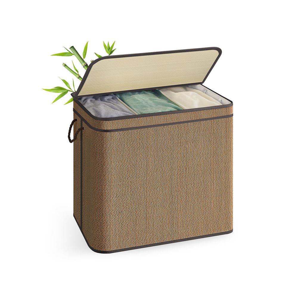 Tvättkorg - 170 liter - bambu - 3 fack - med lock - naturligt