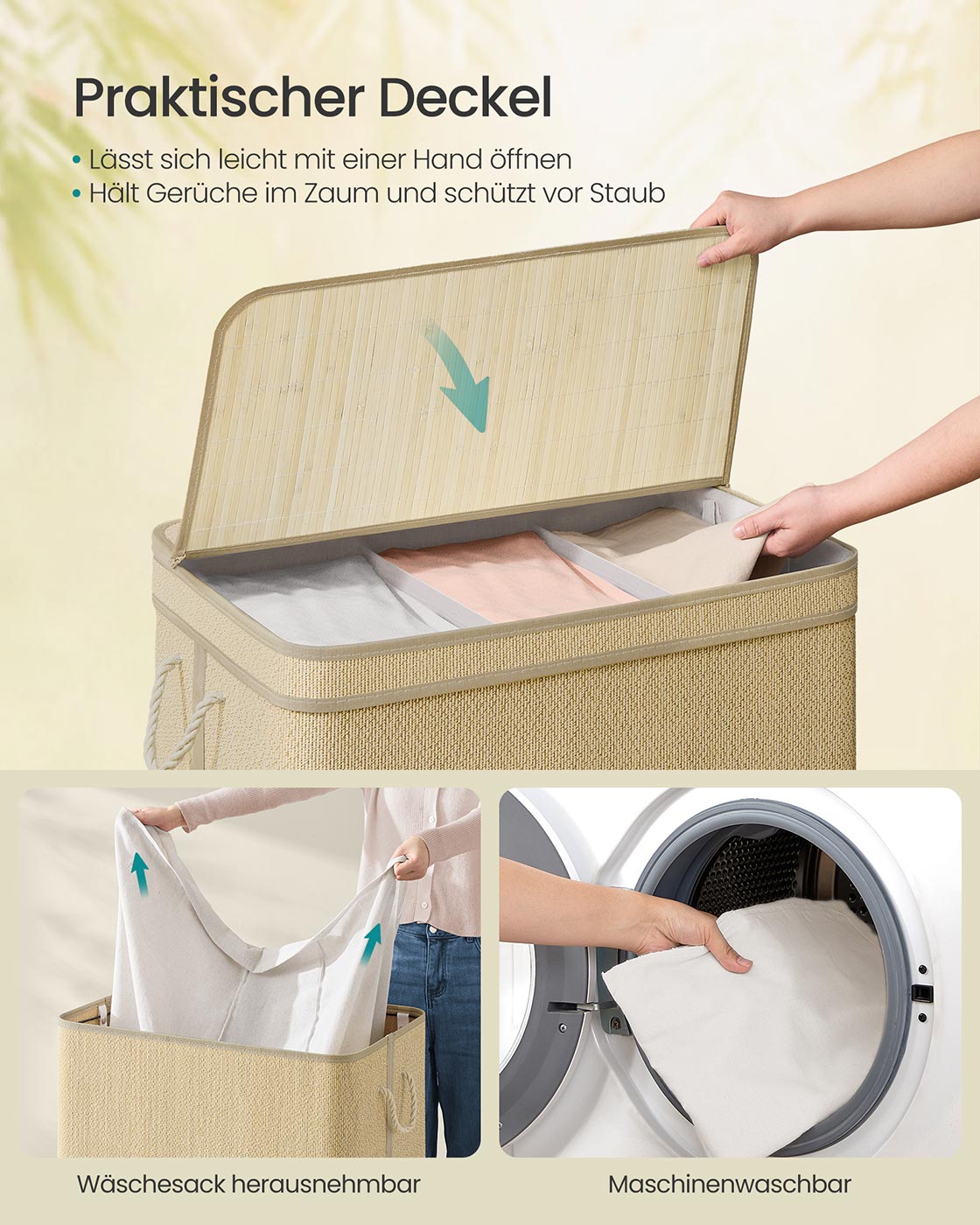 Tvättkorg - 170 liter - bambu - 3 fack - med lock - naturligt