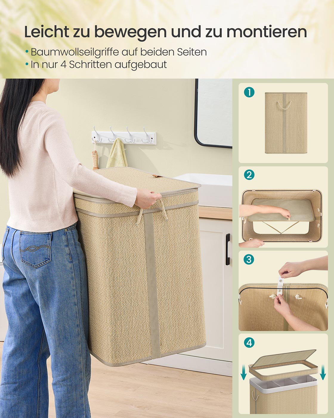 Tvättkorg - 170 liter - bambu - 3 fack - med lock - naturligt