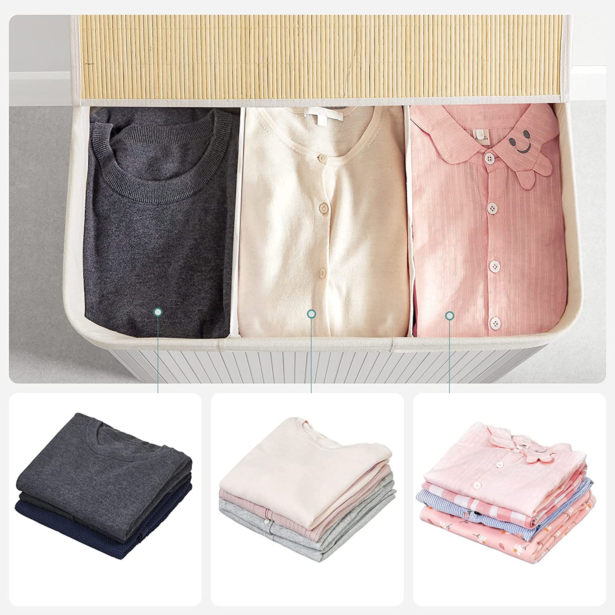 Tvättkorg - Med 3 fack - Bambu - Natur