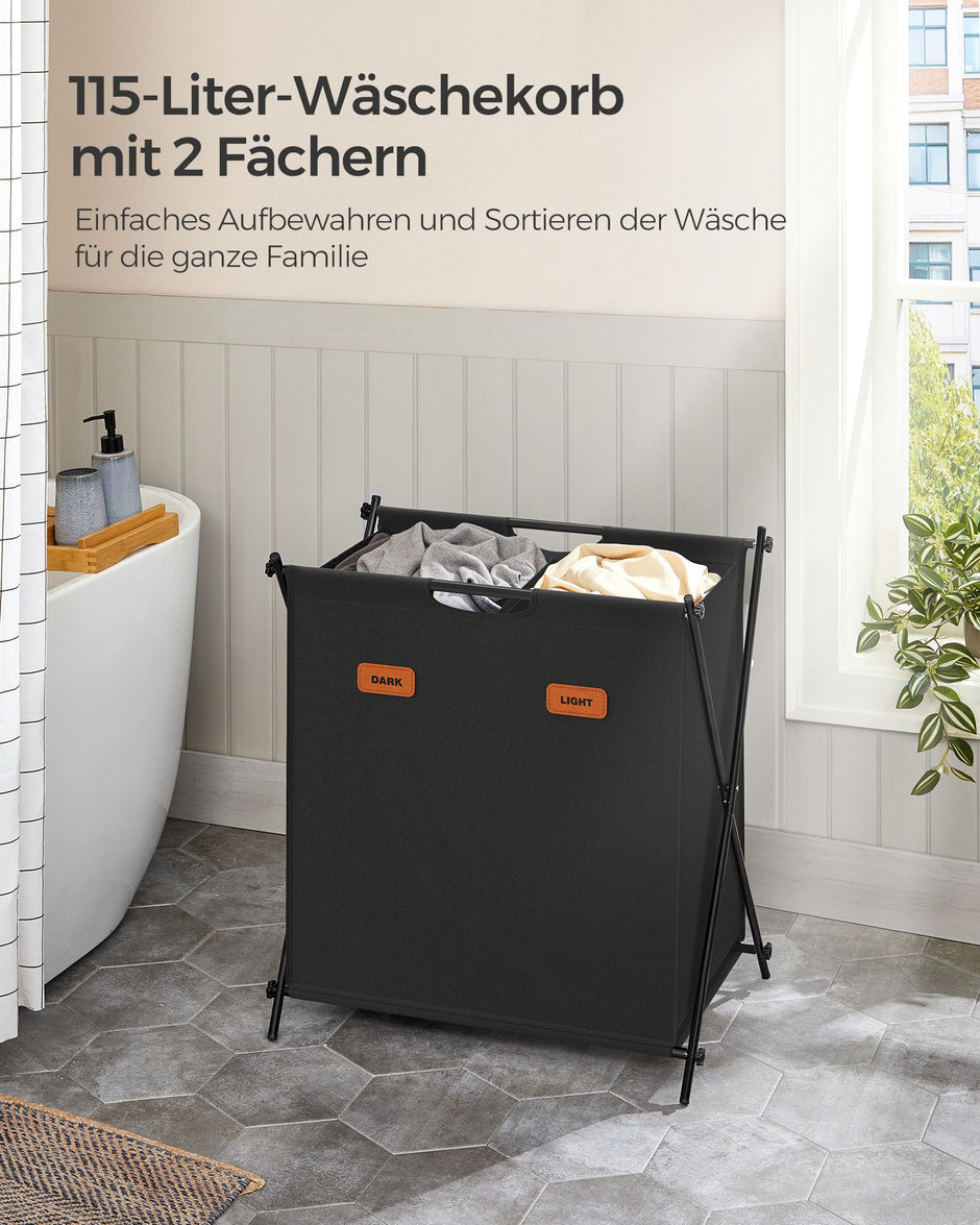 Tvättkorg 115 liter med 2 fack - Robust och rymlig - Bläcksvart