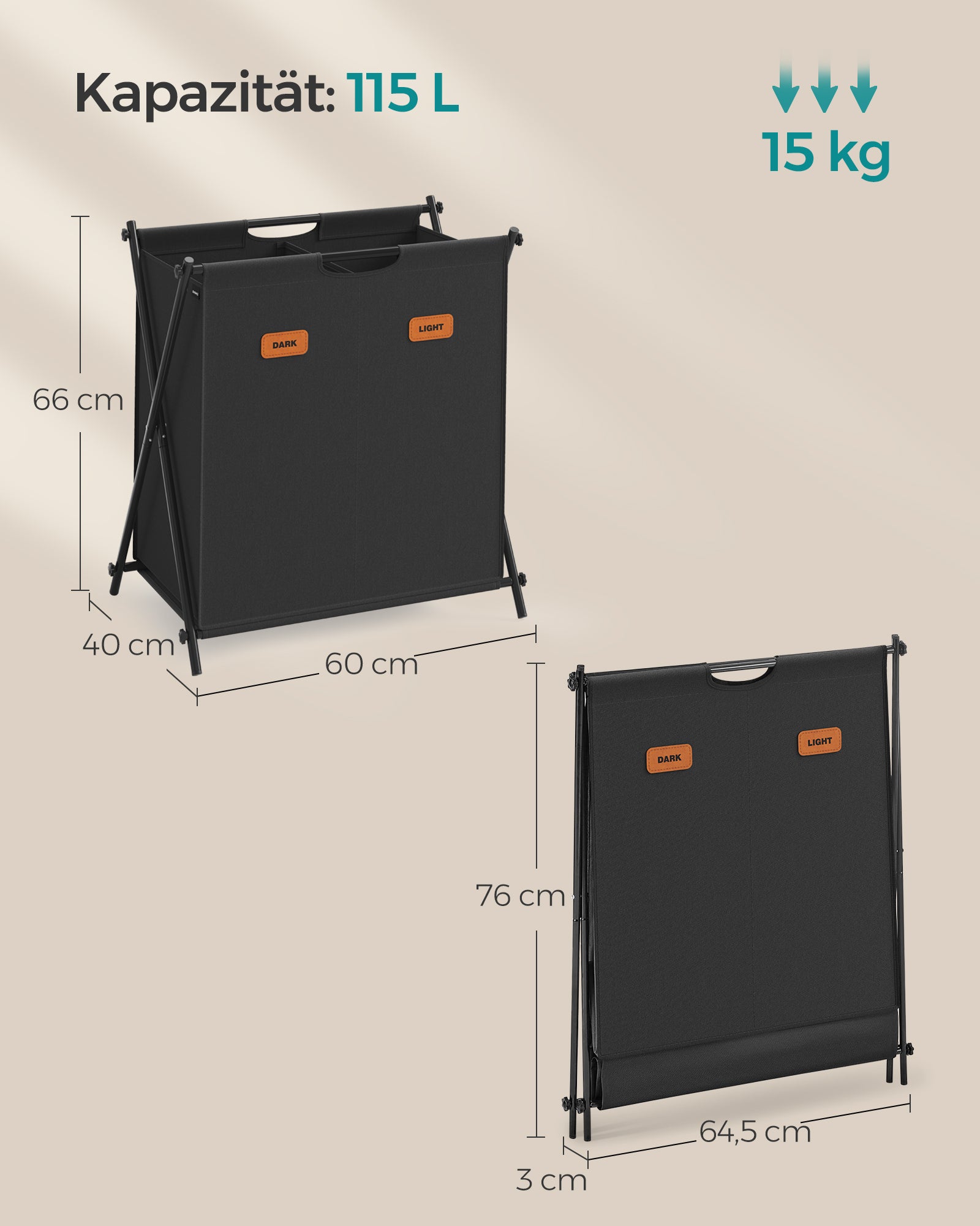Tvättkorg 115 liter med 2 fack - Robust och rymlig - Bläcksvart