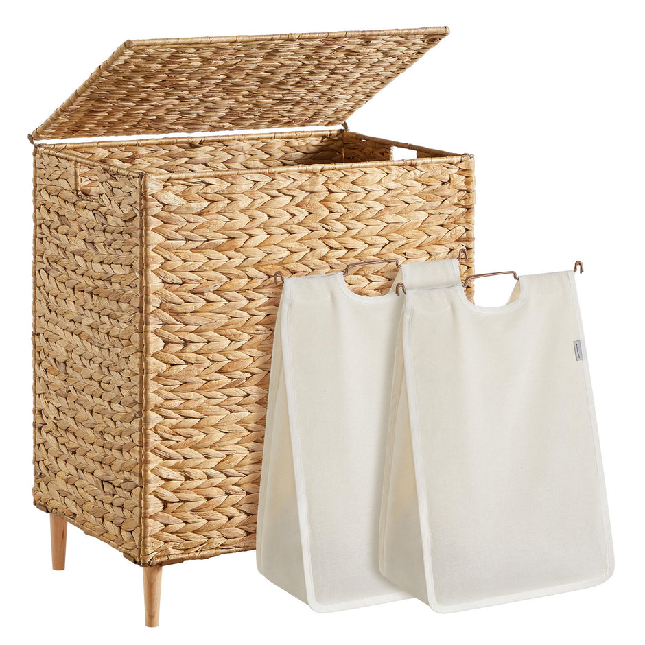 Wasmand - 56 x 40 x 70 cm - 130 liter - 2 compartimenten - natuurlijk gekleurd waterhyacint - uitneembare binnentas - machinewasbaar - handvatten van natuurlijk materiaal - maximaal 15 kg