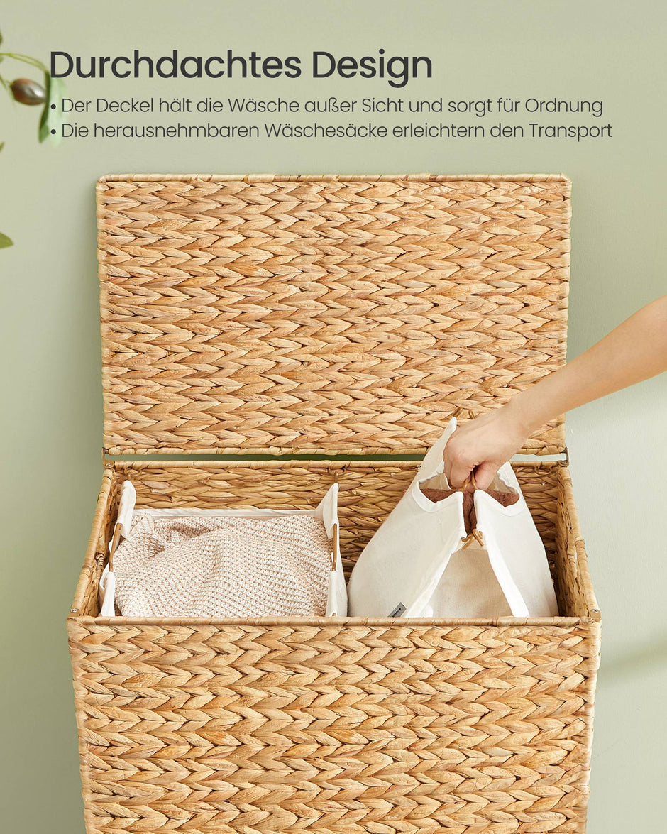 Wasmand - 56 x 40 x 70 cm - 130 liter - 2 compartimenten - natuurlijk gekleurd waterhyacint - uitneembare binnentas - machinewasbaar - handvatten van natuurlijk materiaal - maximaal 15 kg