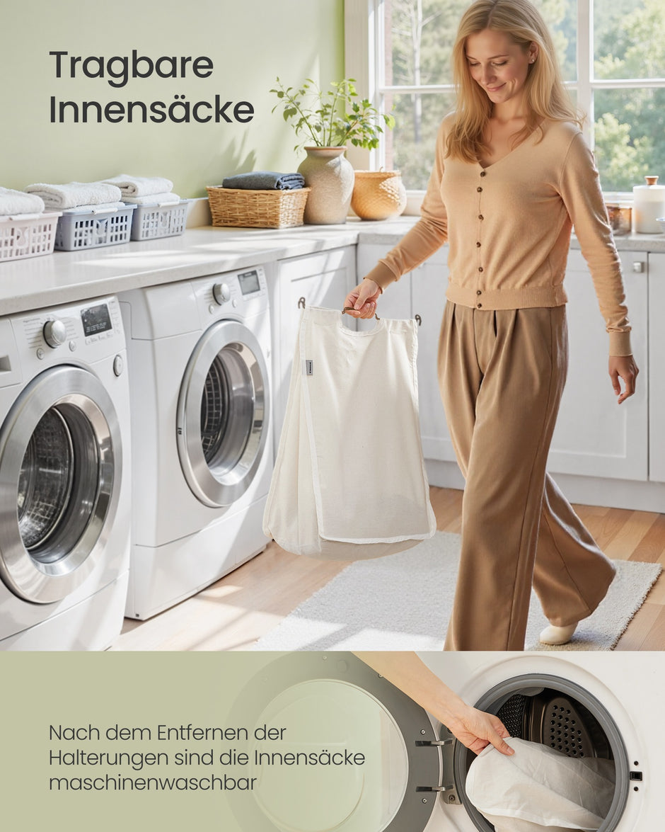 Wasmand - 56 x 40 x 70 cm - 130 liter - 2 compartimenten - natuurlijk gekleurd waterhyacint - uitneembare binnentas - machinewasbaar - handvatten van natuurlijk materiaal - maximaal 15 kg
